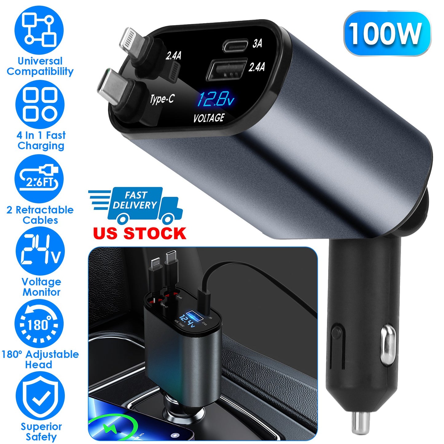 LJGelectro - 100W 4 In 1 Fast Car Charger USB C Car Charger 180ºAdjustable Car Phone Charger with Retractable Type-C LT Cable Voltage Monitor Fit for IOS Phone iPa