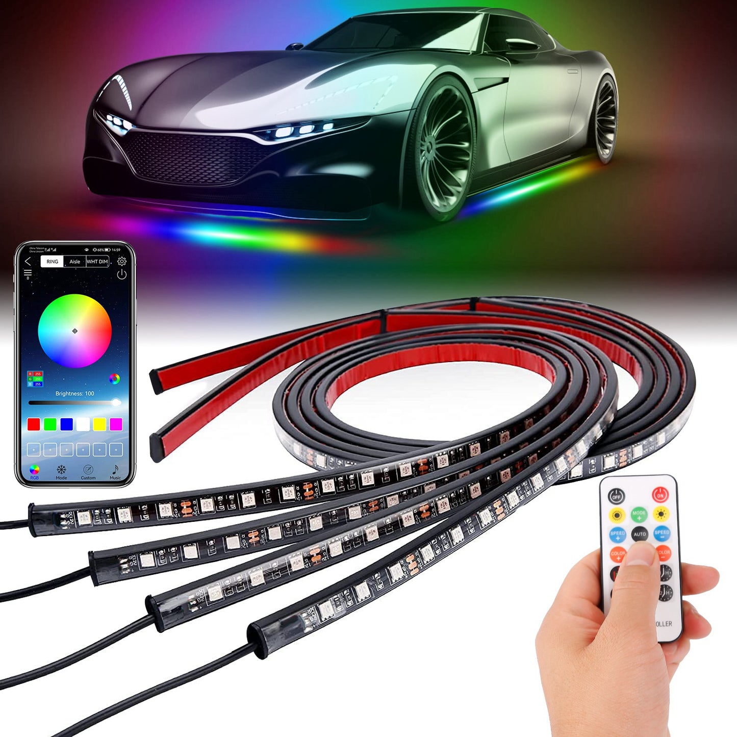 LJGelectro - Waterproof RGB Underglow LED Strip Remote App Control Car Underbody Light Music Control Exterior Underbody Lights DC 12V