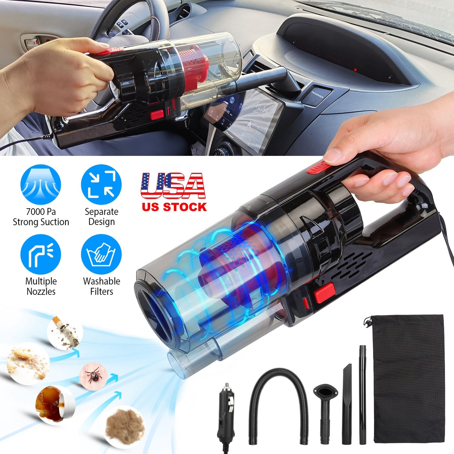 LJGelectro - Handheld Car Vacuum Cleaner 120W 7000PA DC 12-14V Car Auto Home Duster Wet Dry Powerful Suction with Accessory Kit