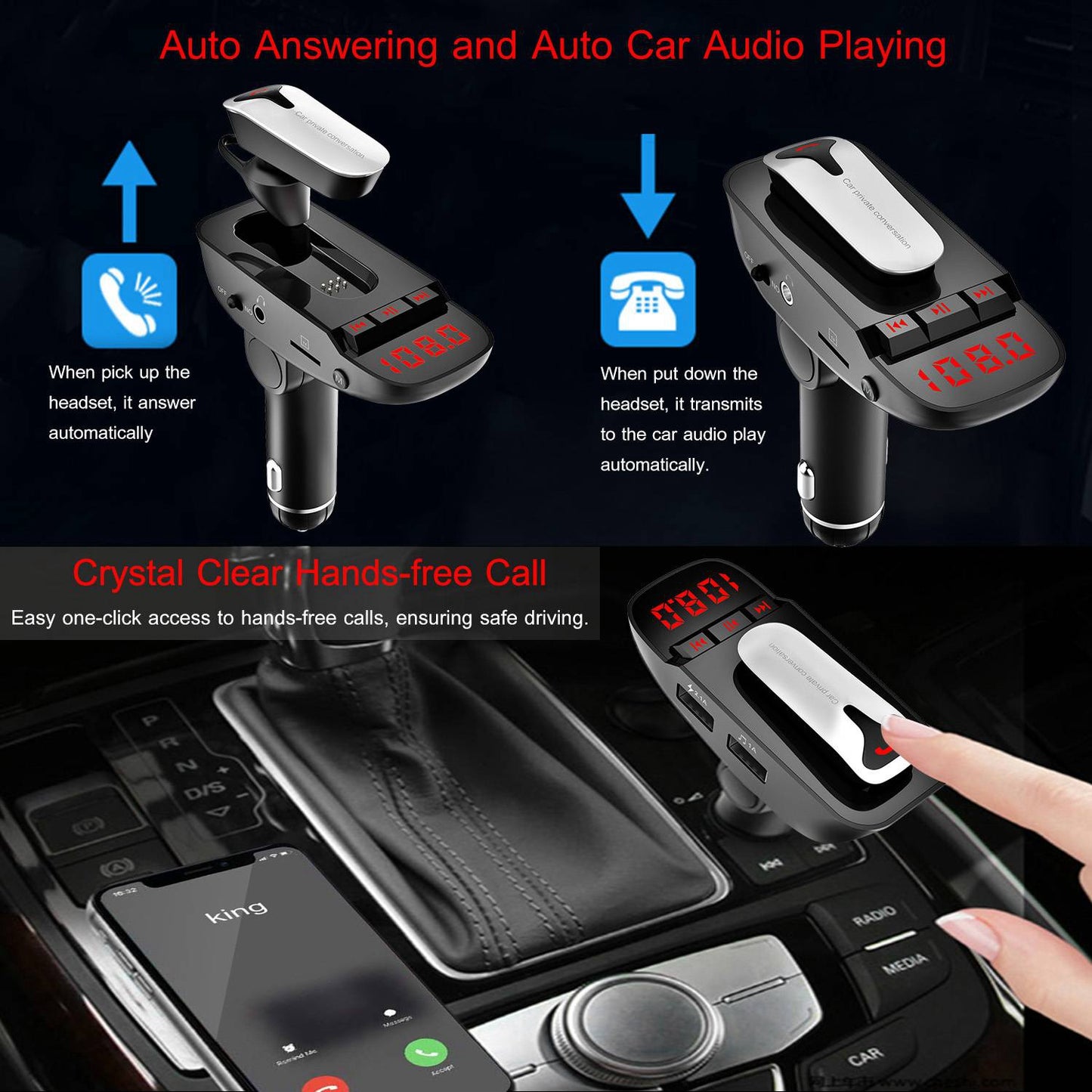 LJGelectro - Car FM Transmitter w/ Wireless Earpiece 2 USB Charge Ports Hands-free Call MP3 Player TF Card Aux-in