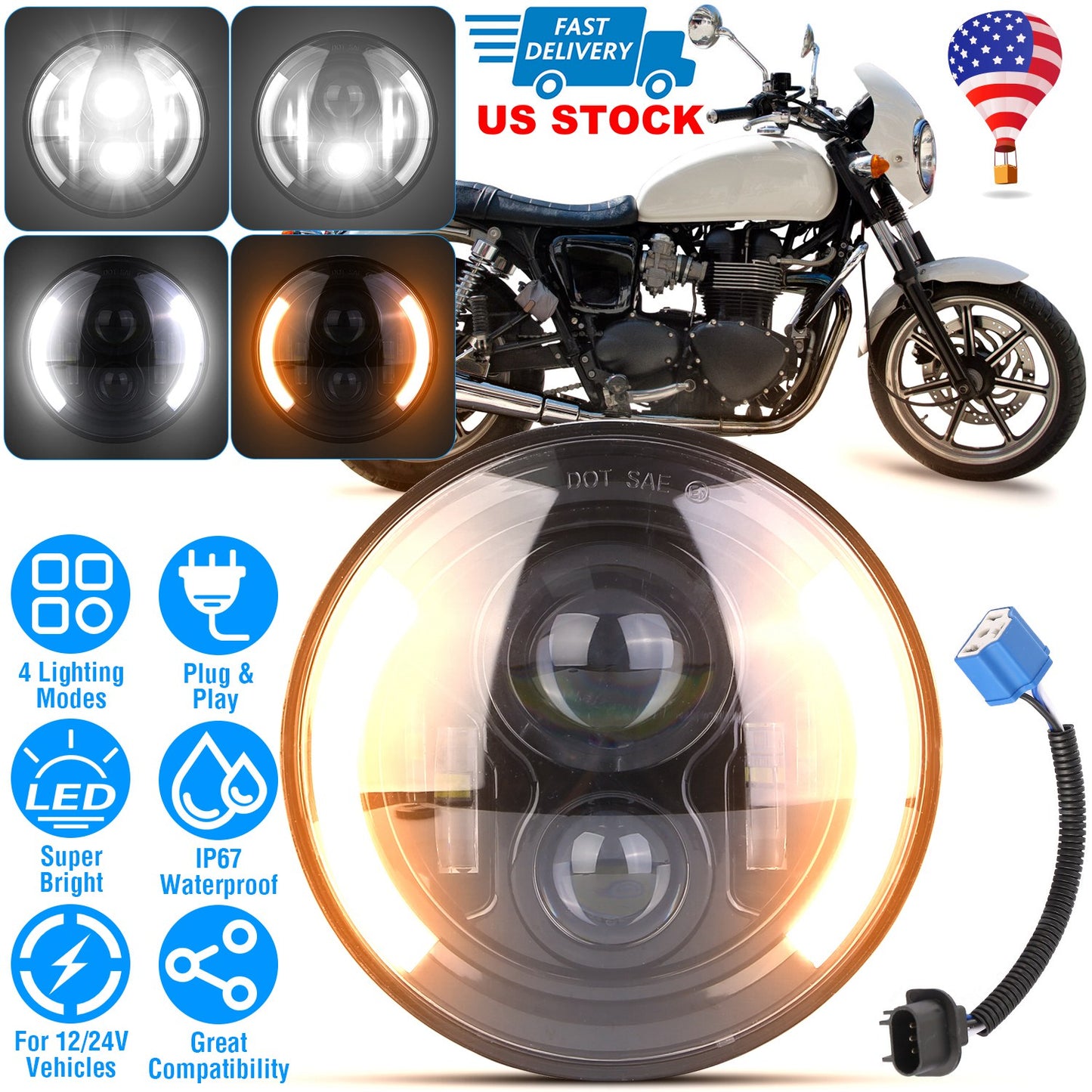 LJGelectro - 7In 40W Round LED Headlight 3800LM Halo Car Headlamp with DRL Turn Light High Low Beam Fit for Honda Yamaha Motorcycle Jeep Wrangler TJ JK CJ