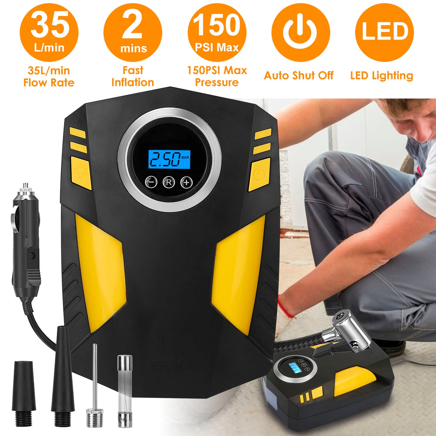 LJGelectro - Portable Car Tire Inflator DC 12V Digital Car Air Pump Compressor Electric Air Pump w/LED Light 150PSI