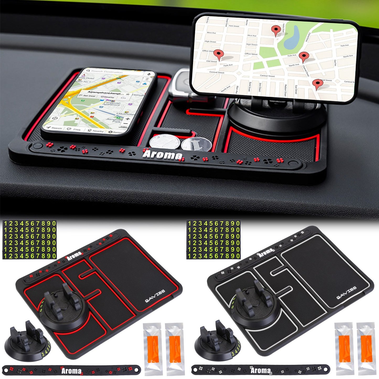 LJGelectro - Non-slip Car Phone Mat 4 In1 Dashboard 360° Rotatable Phone Holder Pad with Aroma Parking Number Plate