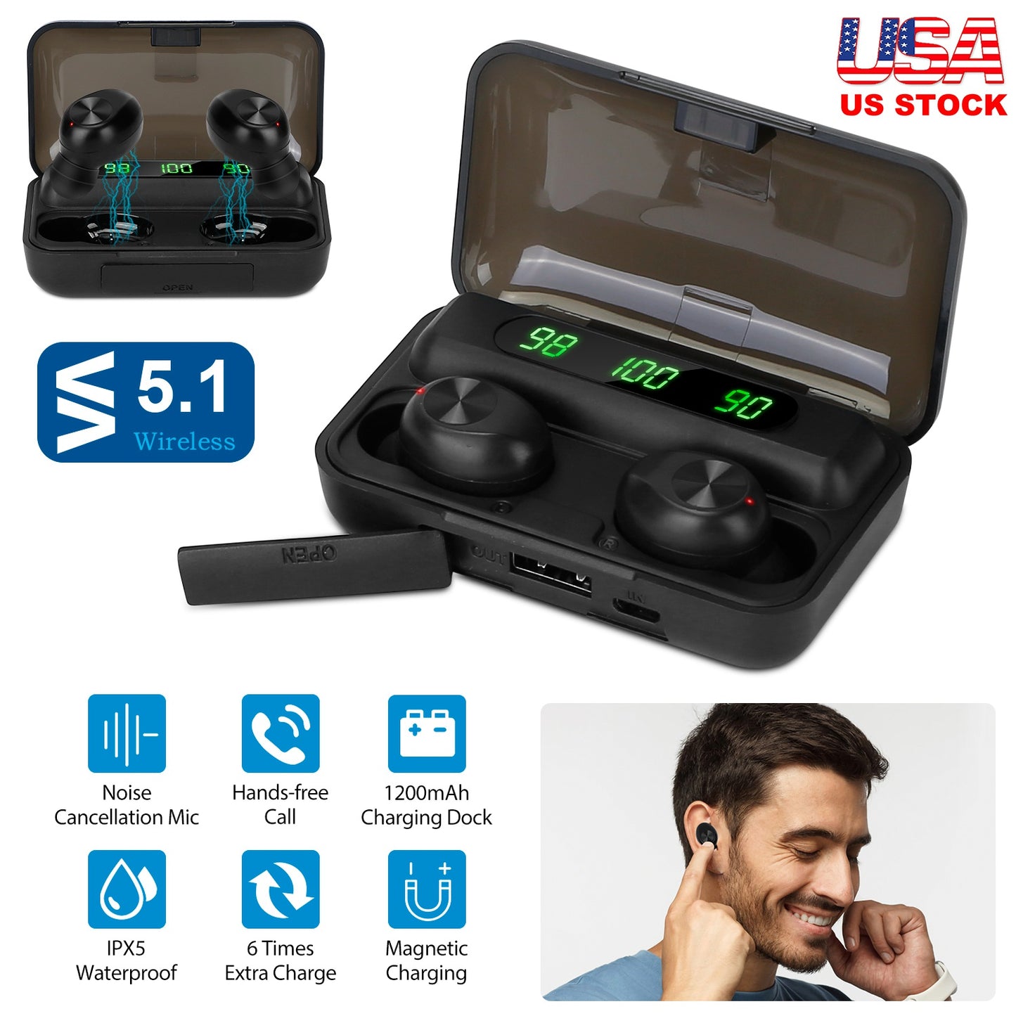 LJGelectro - Wireless 5.1 TWS Earbuds In-Ear Stereo Headset Noise Canceling Earphone w/Mic Magnetic Charging Dock For Driving Working Travelling