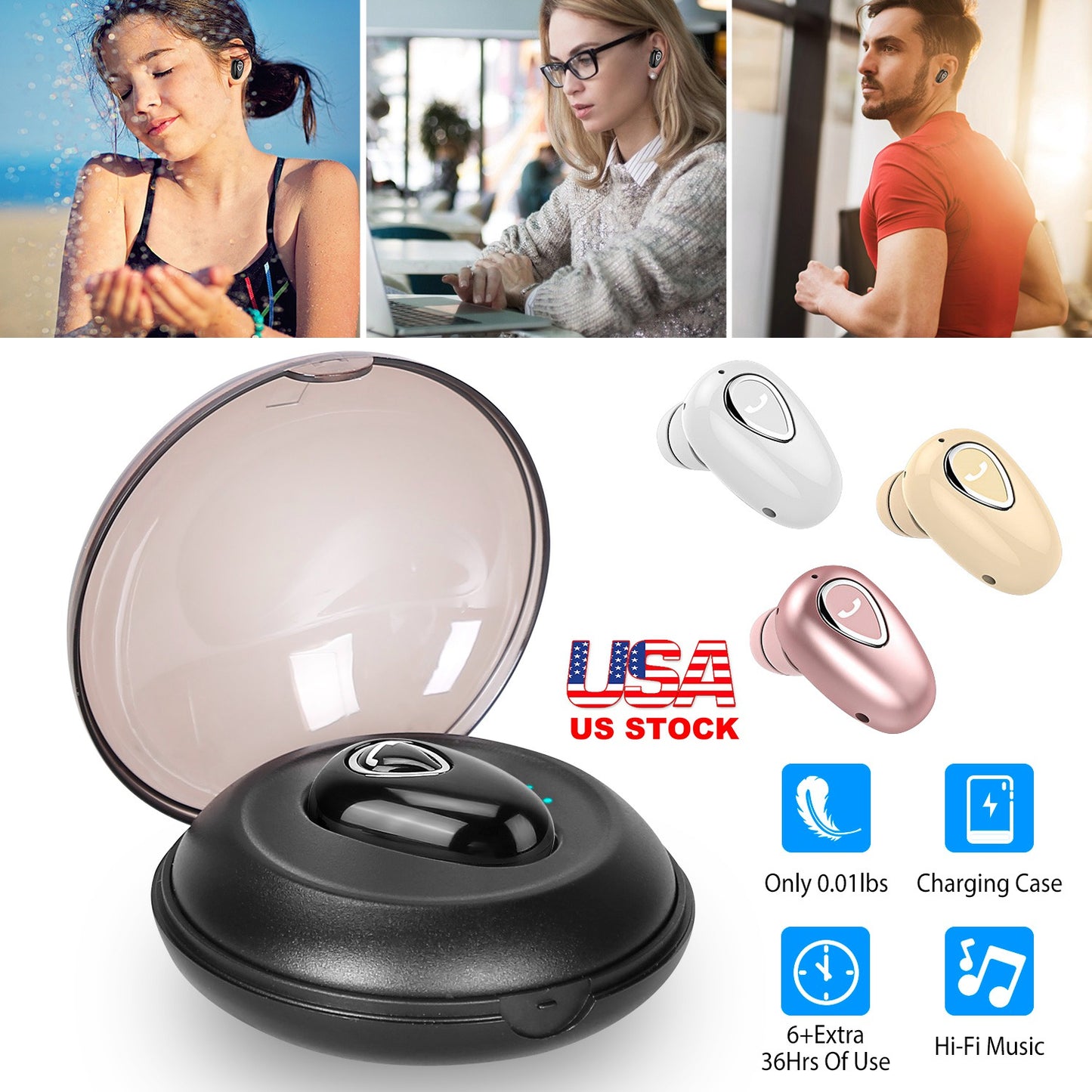 LJGelectro - IPX5 Waterproof Unilateral Wireless Earbud Mini In-Ear Headset Rechargeable with Built-in Mic Charging Case Sweat Resistant Earphone