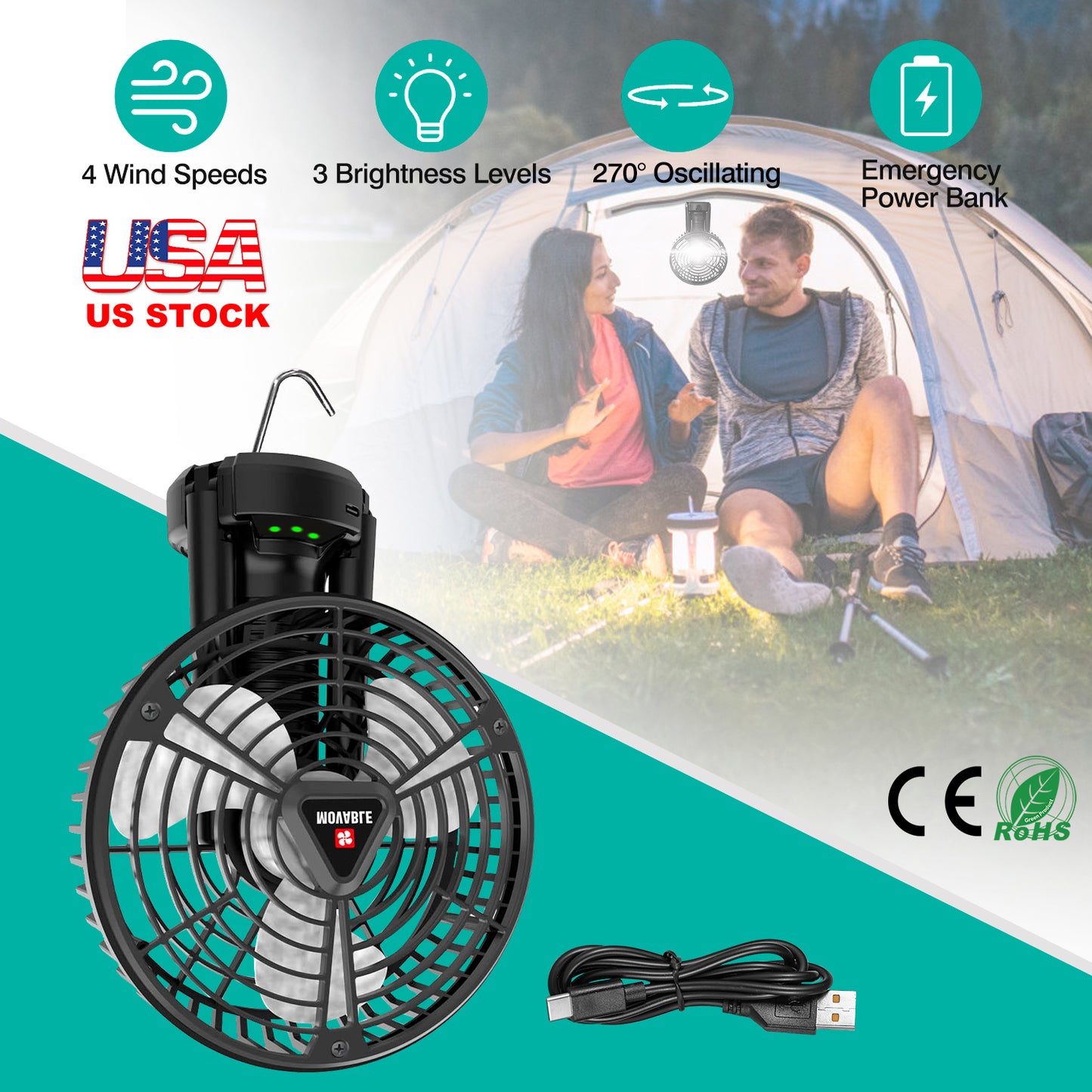 LJGelectro - Foldable Camping Fan with Emergency Power Bank 270° Oscillating Rechargeable Tripod Fan for Hiking Fishing Personal Desk Fan with 4 Speeds 3 Brightnes