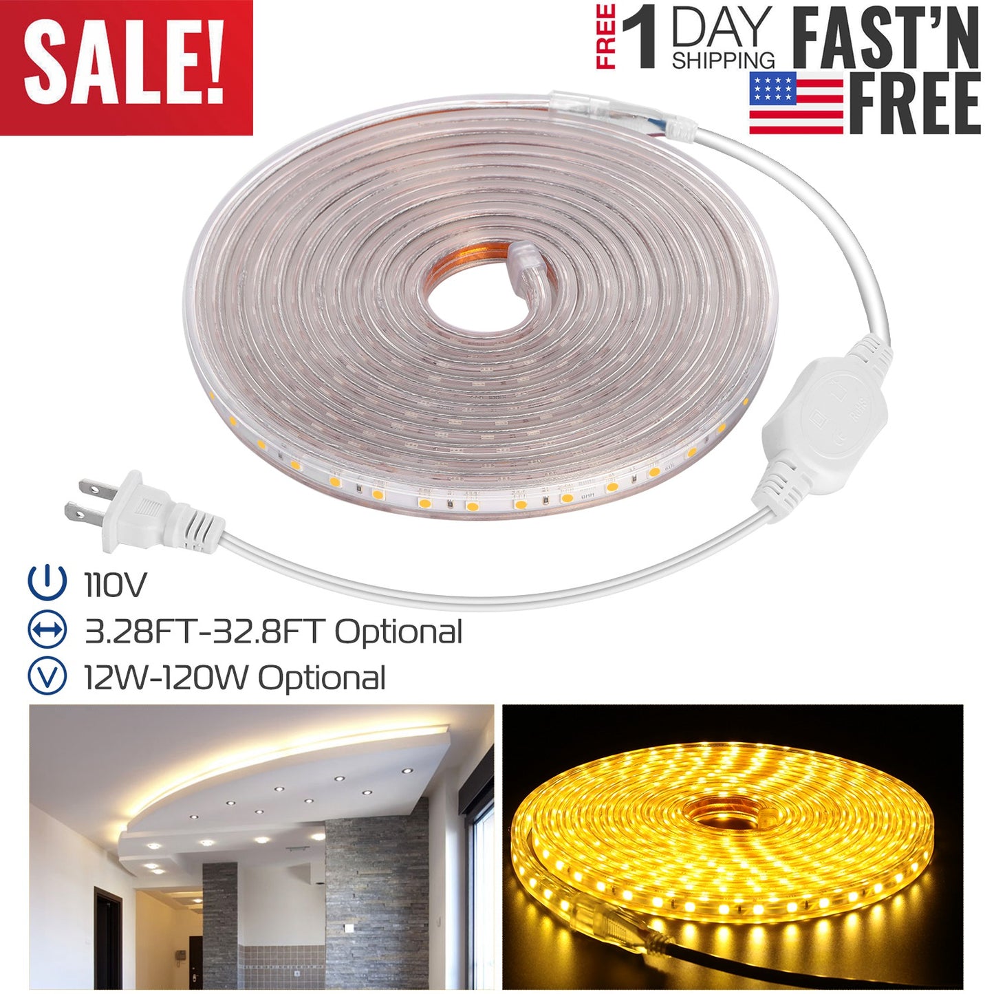 LJGelectro - 32.8ft/10m LED Strip Light 110V IP65 Waterproof 2500LM Dimmable Rope Light SMD 5050 6000K Cold White Warm