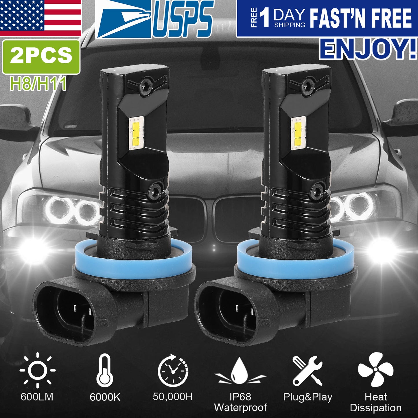 LJGelectro - 2PCS 600lm 80W H8/H9/H11 LED Fog DRL Light Bulb IP68 Waterproof 6000K White Fog Light