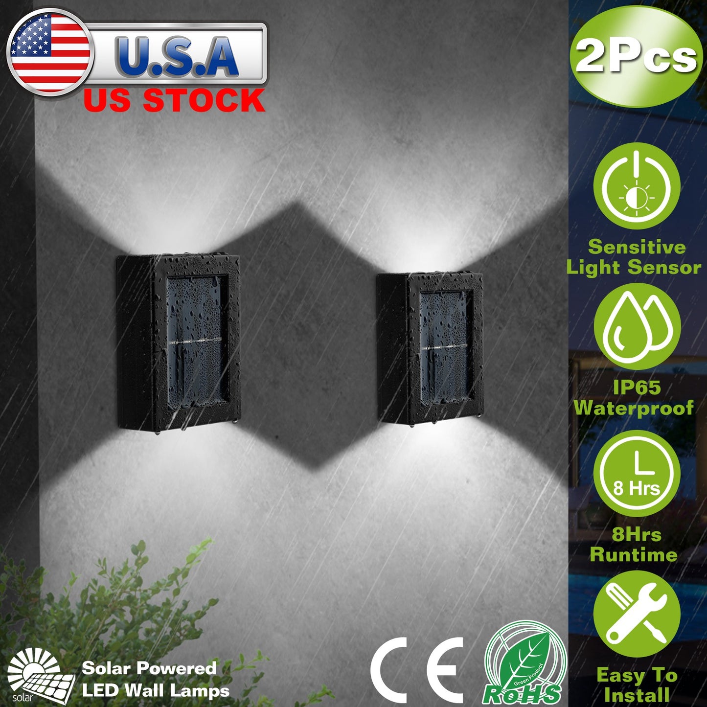 LJGelectro - 2Pcs Solar Deck Lights Outdoor 2LED Beads Waterproof Sensor Fence Stair Lamps For Patio Landscape Yard White Lighting Color