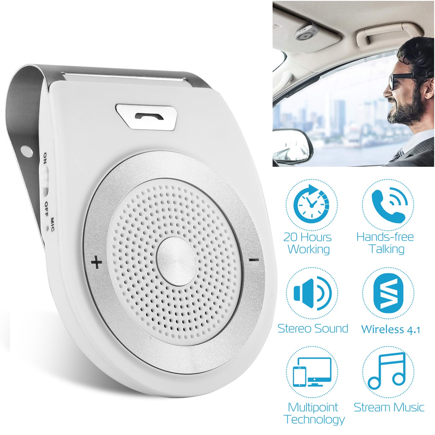 LJGelectro - Car Wireless Speakerphone Wireless V4.1 In-Car Speaker Hands-free Calling Music Player Sun Visor Audio Receiver Car Kit