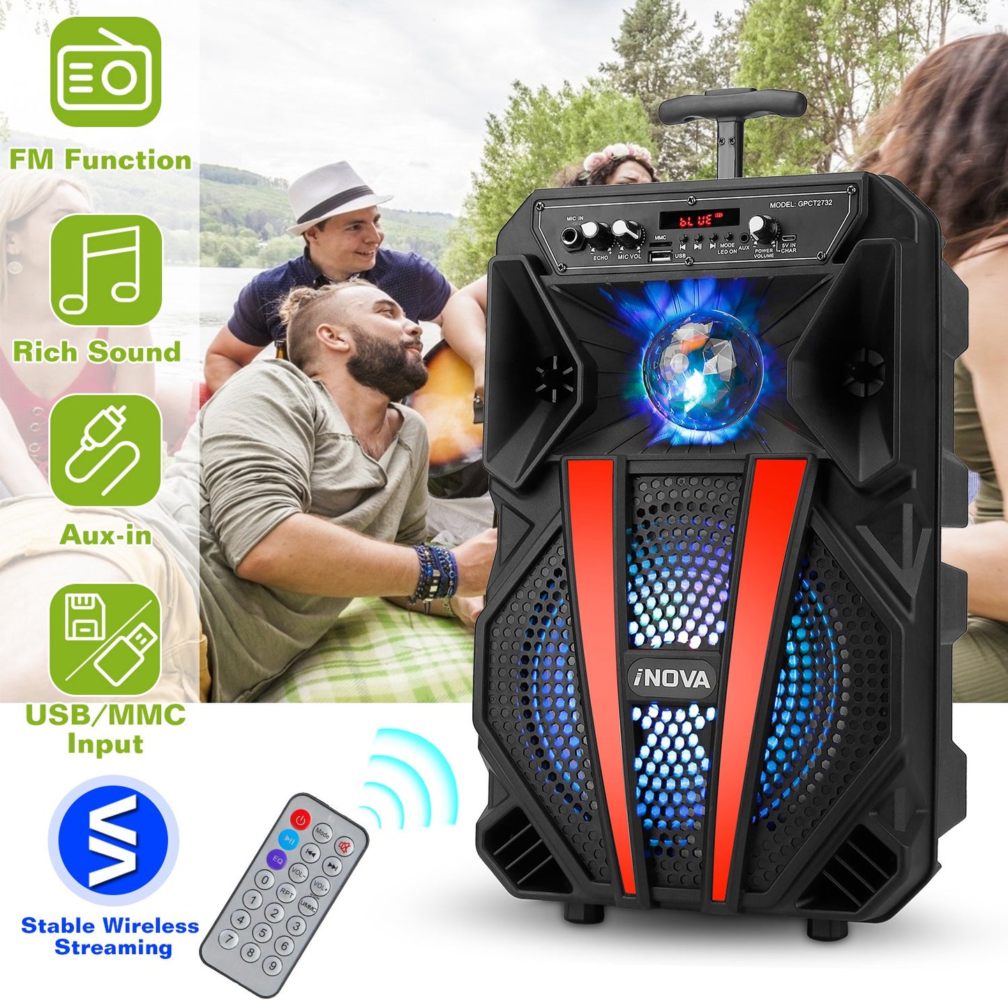 LJGelectro - 8” Wireless Party Speaker Subwoofer Bass Portable TWS Party Speaker w/ Microphone Support FM Radio Remote Control MMC Car Slot LED Colorful Lights