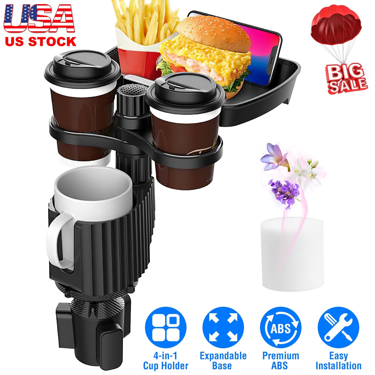 LJGelectro - 4-in-1 Car Cup Holder Tray Food Table Phone Holder Car Expander Detachable 360 Degree Rotatable Car Desk