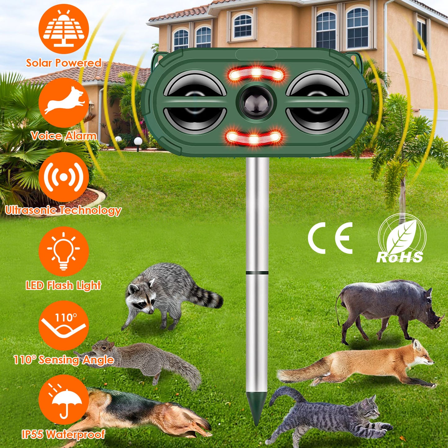 LJGelectro - Solar Ultrasonic Animal Repeller Motion Sensor Animal Repellent USB Animal Chaser IP66 Waterproof for Farm Garden Yard to Drive Deer Raccoon Squirrel