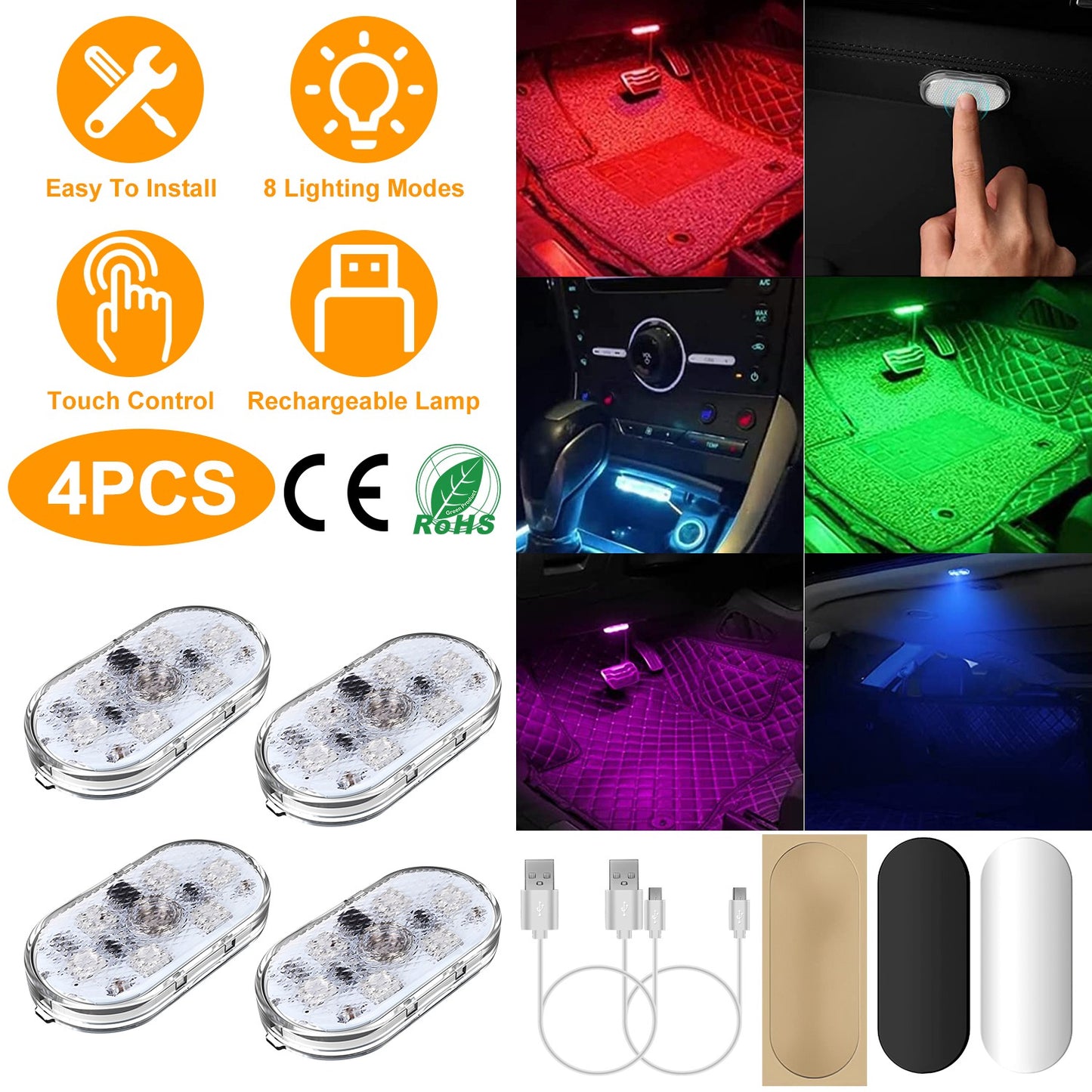 LJGelectro - 4Pcs Cordless Car Interior Light USB Rechargeable Magnetic Atmosphere Light 8 Lighting Mode Ambient Night Lamp