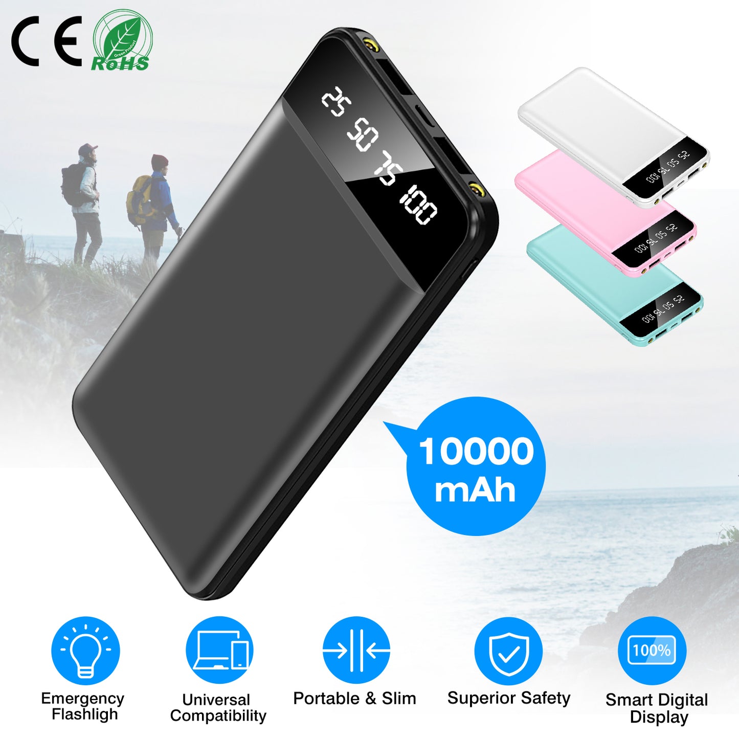 LJGelectro - 10000mAh Power Bank Portable Ultra Slim Charger External Battery Pack with 2 USB Output Ports Charging Cable LED Flashlight Compatible with IOSPhone 1