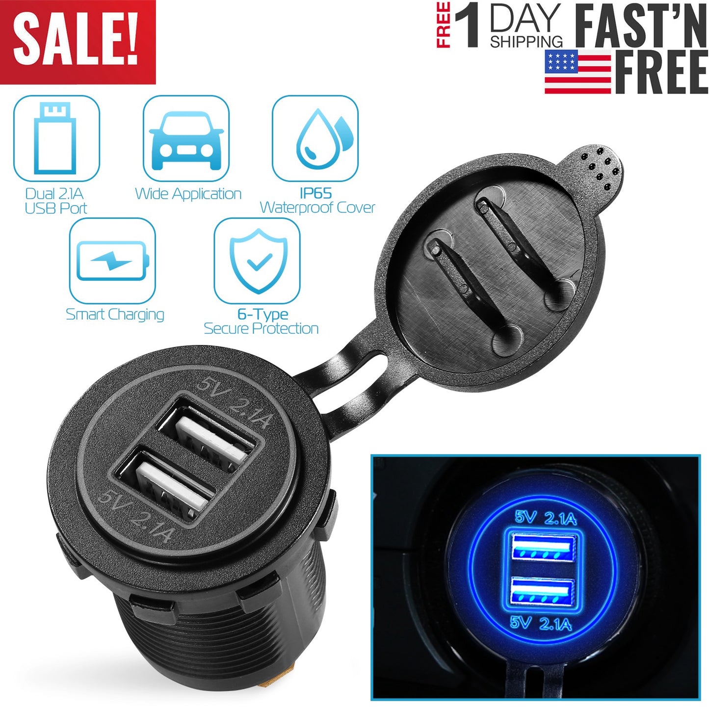 LJGelectro - 1Pc 2 USB Charger 12-24V Car Cigarette Lighter Socket Splitter Dual USB 2.1A Outlet Car Charger IP65 waterproof for Car Boat Marine Mobile