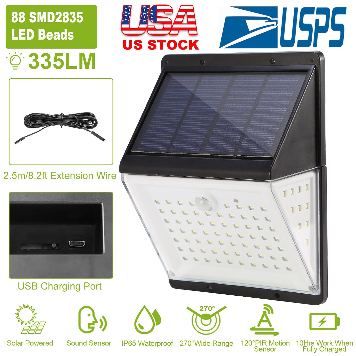 LJGelectro - Solar Lights 88 LEDs Wall Lamps Outdoor 120° Motion Sensor Sound Control Lightings 270°Illumination IP65 Waterproof w/ 2.5m Extend Wire for Garage Gar