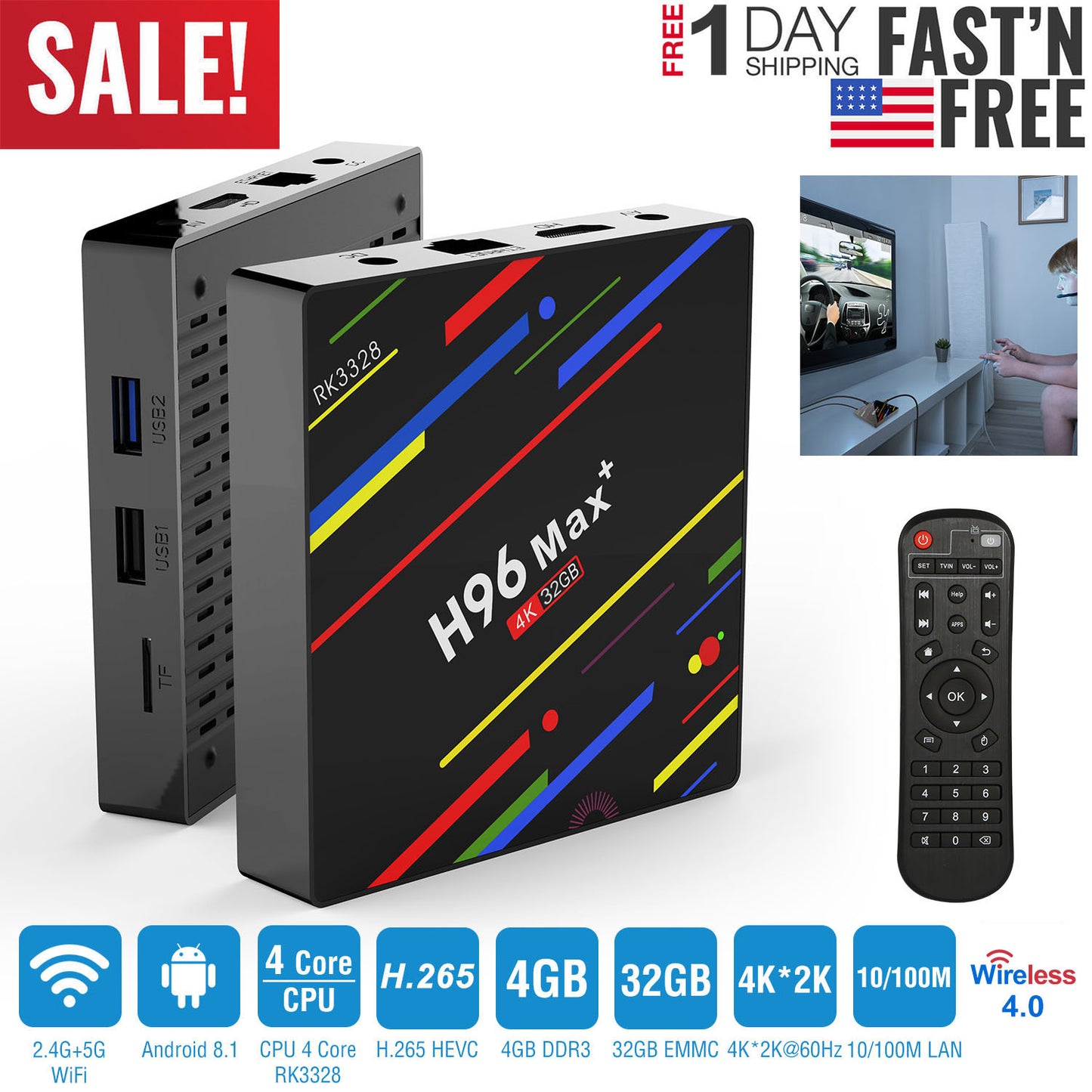 LJGelectro - H96 Max+ Android 8.1 TV Box RK3328 Quad Core 4GB / 32GB UHD 4K VP9 H.265 WiFi
 
 USB3.0 Smart Streaming Media Player US Plug