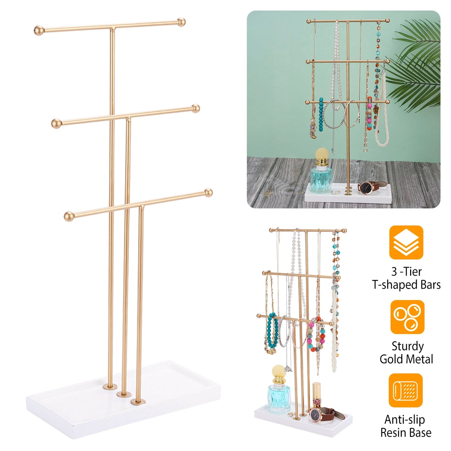 LJGelectro - 3 Tier Gold Metal Tabletop Jewelry Display Tree Stand Organizer Holder Rack Hanger Tower for Bracelet Necklace Accessories with Ring Tray