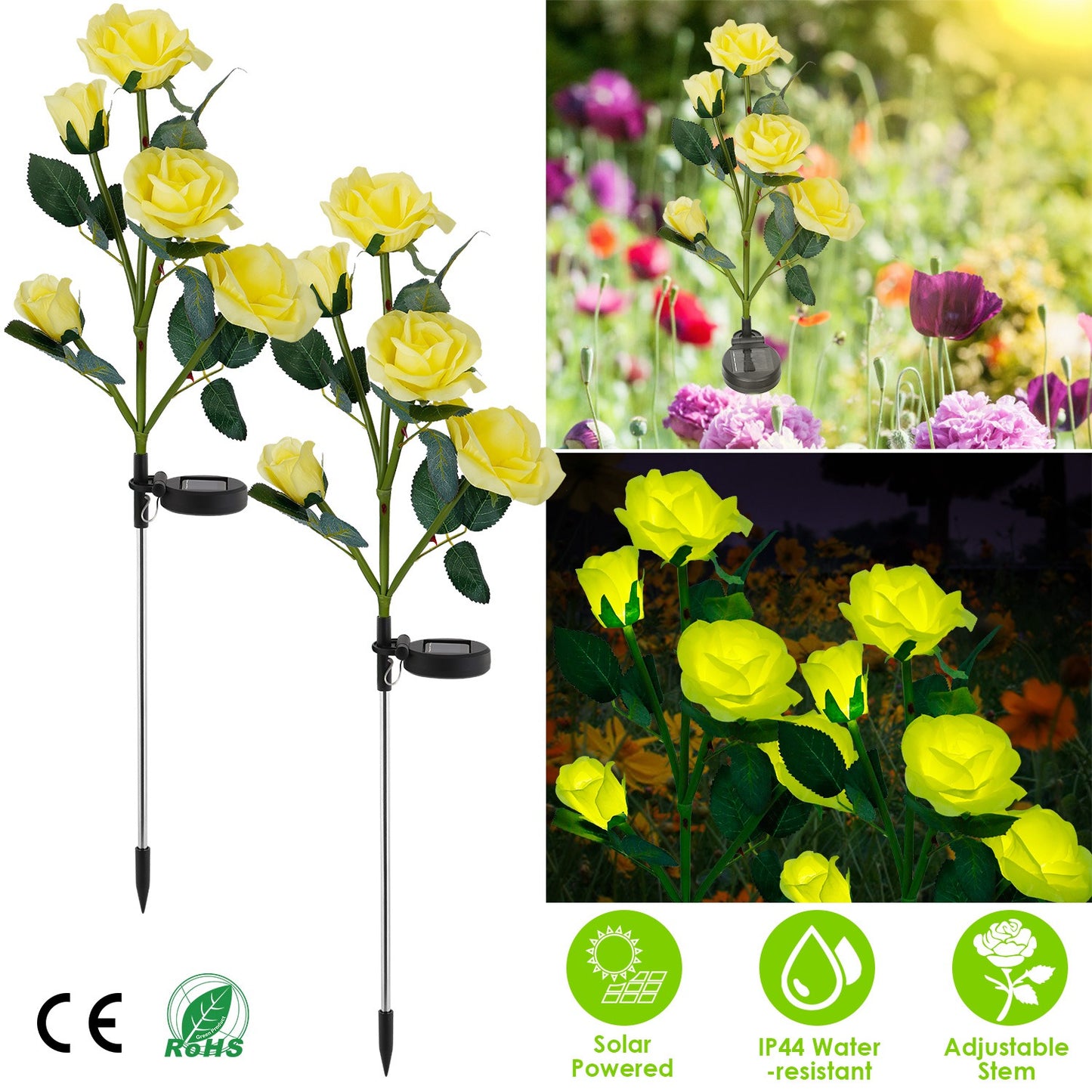 LJGelectro - 2Pcs Solar Powered Lights Outdoor Rose Flower LED Decorative Lamp Water Resistant Pathway Stake Lights For Garden Patio Yard Walkway