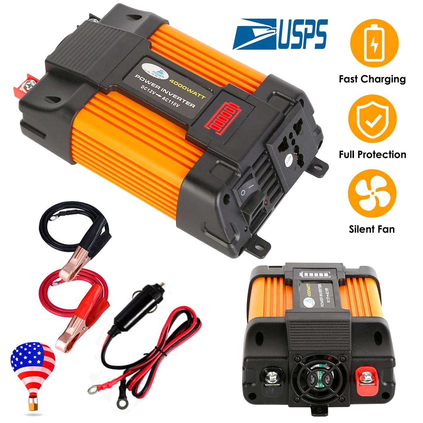 LJGelectro - 500W Continuous Power Inverter DC 12V To AC 110V Car 4000w Peak Power Inverter w/ Dual 5V 2.1A USB Ports For RV Caravan Truck Laptop