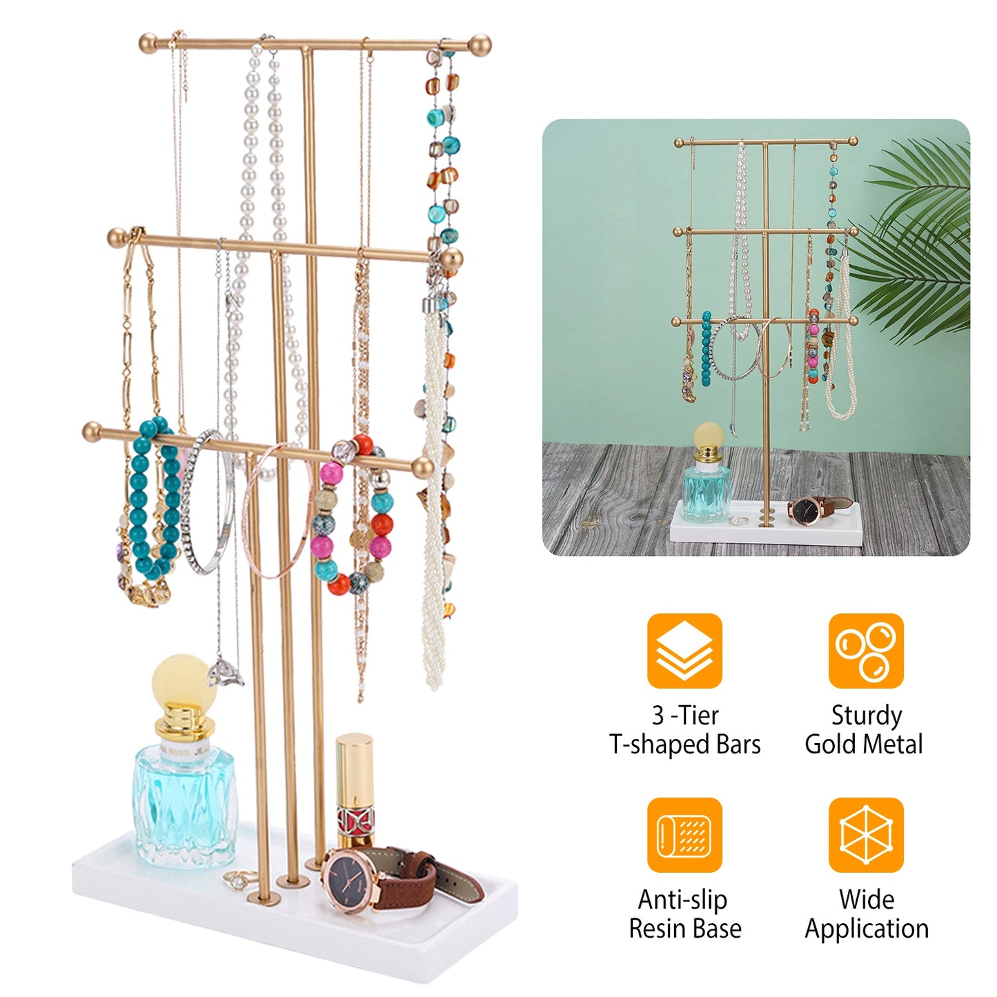 LJGelectro - 3 Tier Gold Metal Tabletop Jewelry Display Tree Stand Organizer Holder Rack Hanger Tower for Bracelet Necklace Accessories with Ring Tray