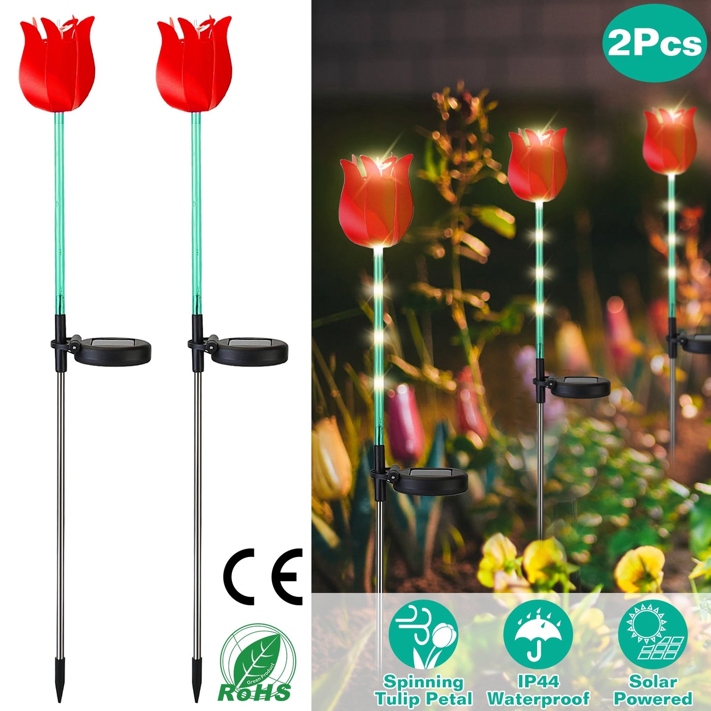 LJGelectro - 2Pcs Solar Powered Tulip Garden Light Wind Mill Waterproof Landscape Stake Lamp Decorative Lawn Lights For Yard Driveway Walkway Patio