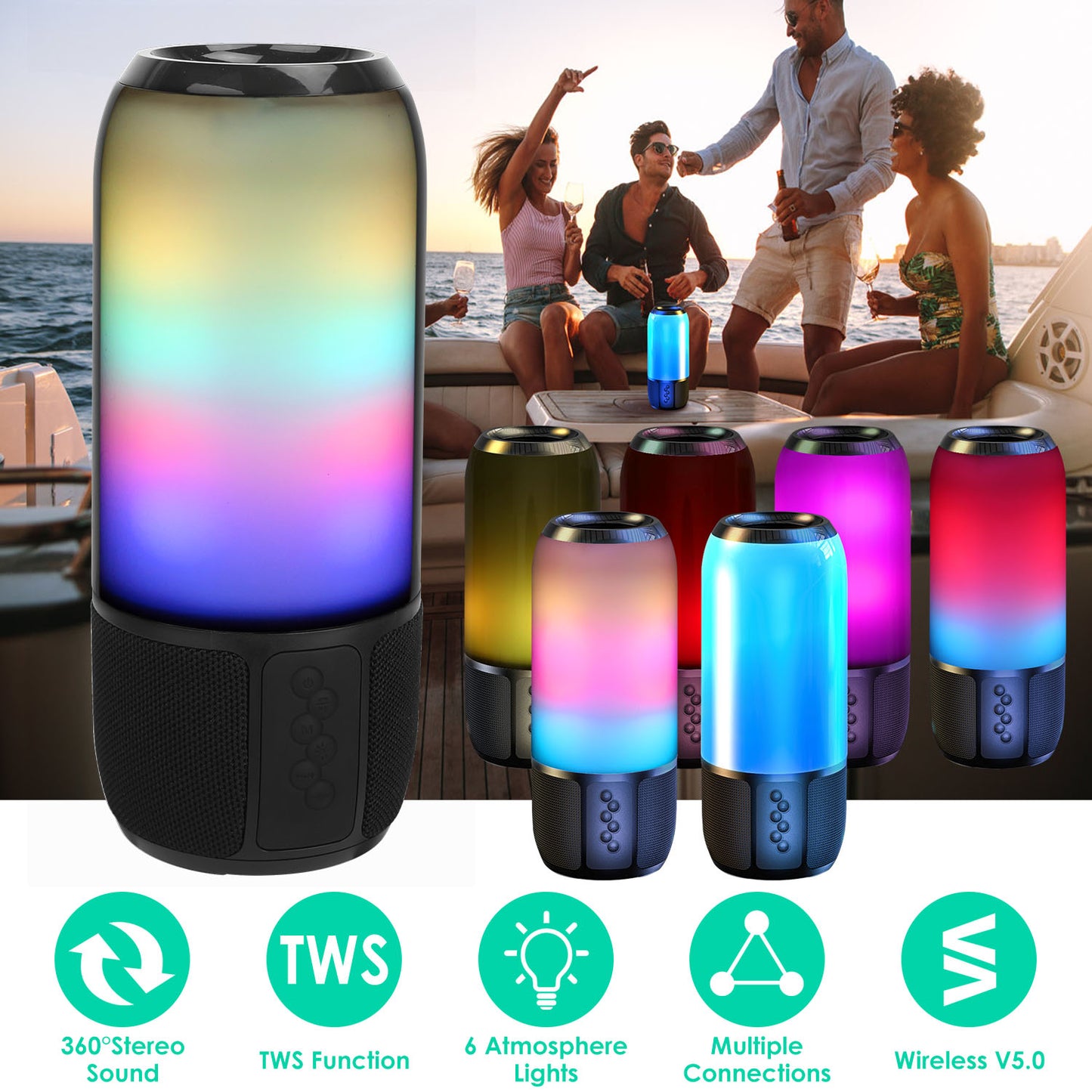 LJGelectro - Wireless Portable Speaker Loud Stereo Speaker with 6 Color Changing Lights Radio Party TWS Speaker for Home Outdoor Travelling