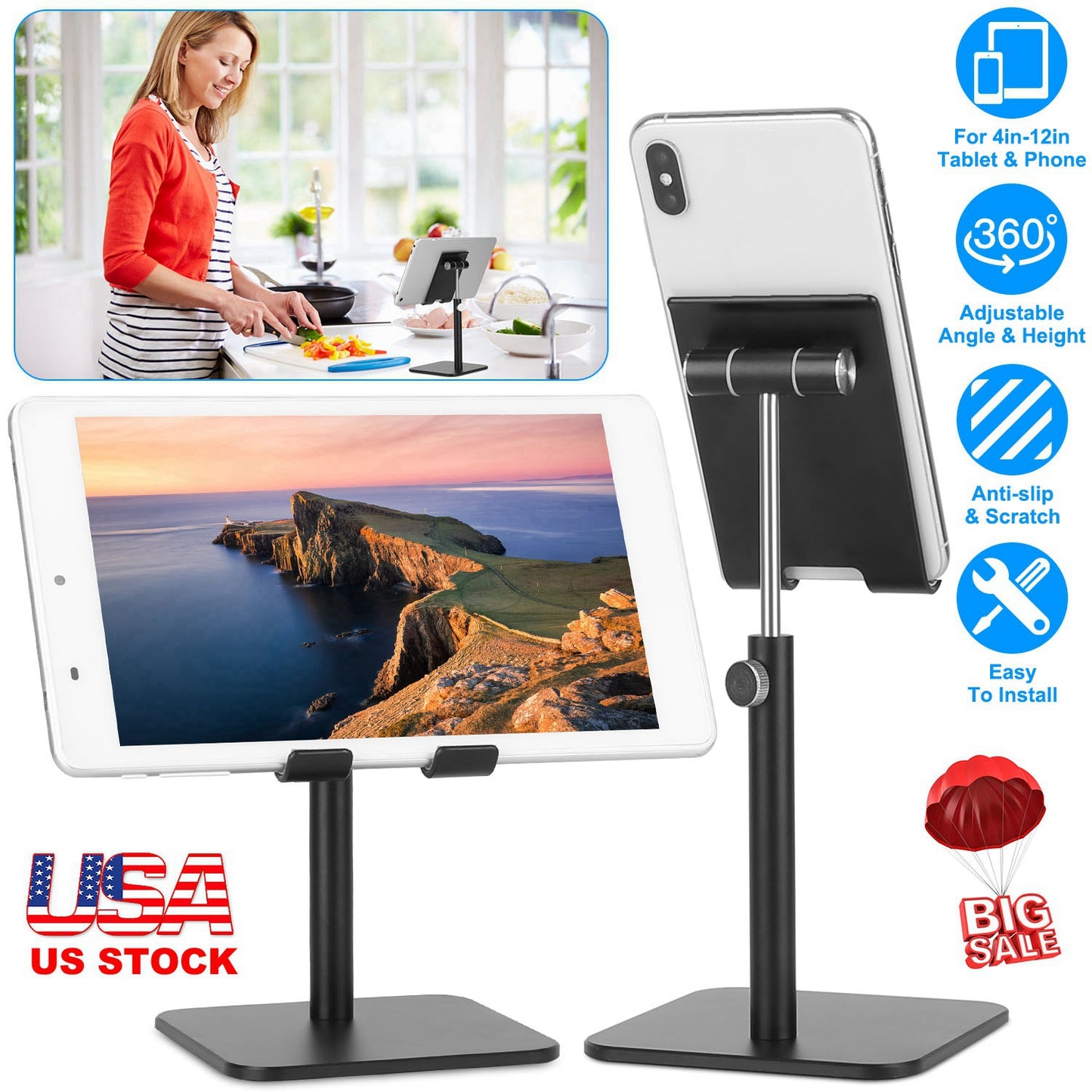 LJGelectro - Adjustable Cell Phone Tablet Stand Desktop Holder Mount Bracket Dock Fit for iPad Kindle iPhone Aluminum Alloy