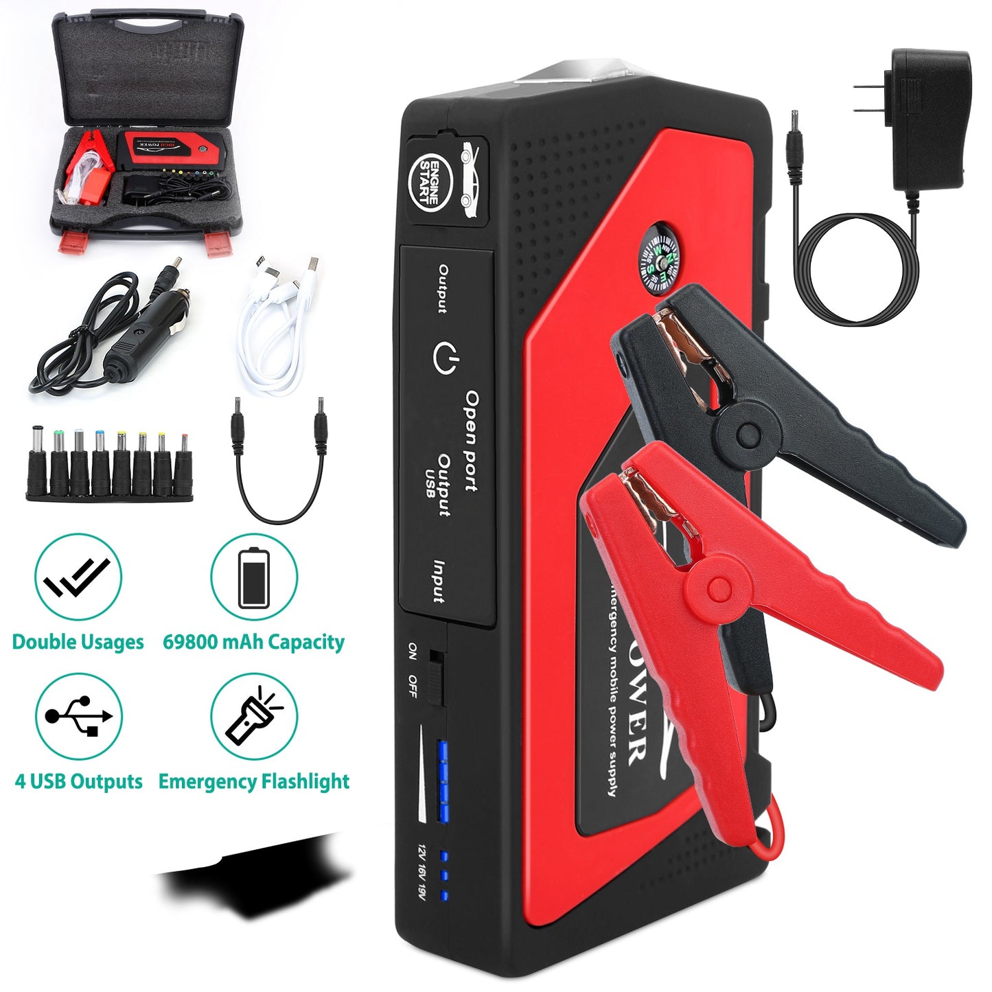 LJGelectro - Car Jump Starter Booster 600A Peak 69800mAh Battery Charger (Up to 6.0L Gas or 4.0L Diesel Engine) 3 Modes LED Flashlight