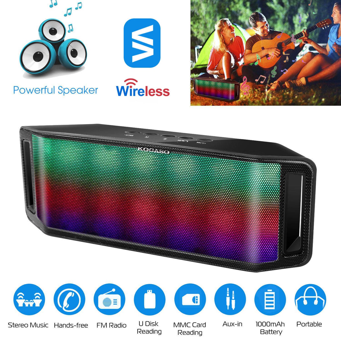 LJGelectro - KOCASO LED Wireless Speaker Dynamic Multicolor Hands-free FM Radio USB MMC Reading Aux In for Party Camping Travel