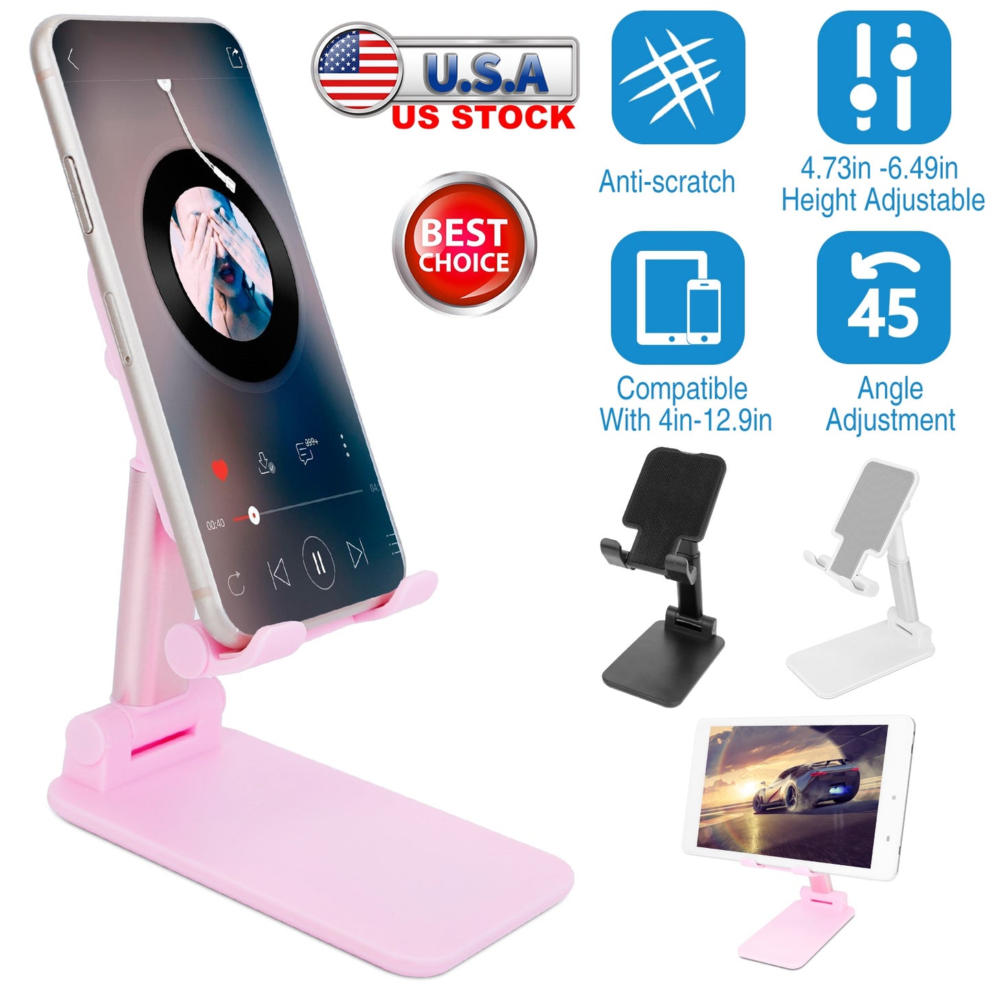 LJGelectro - Foldable Desktop Phone Stand Angle Height Adjustable Tablet Holder Cradle Dock w/ Mirror Fit For 4-12.9in Device