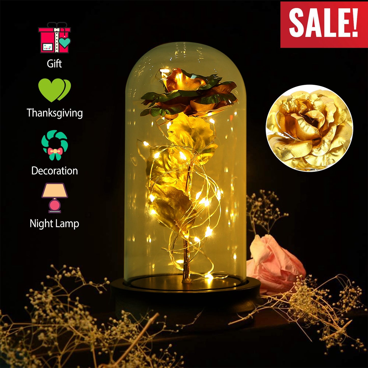 LJGelectro - Foil Rose LED String Light Rose Fairy Lamp w/ Glass Dome For Valentines’ Day Mother’s Day Wedding Birthday