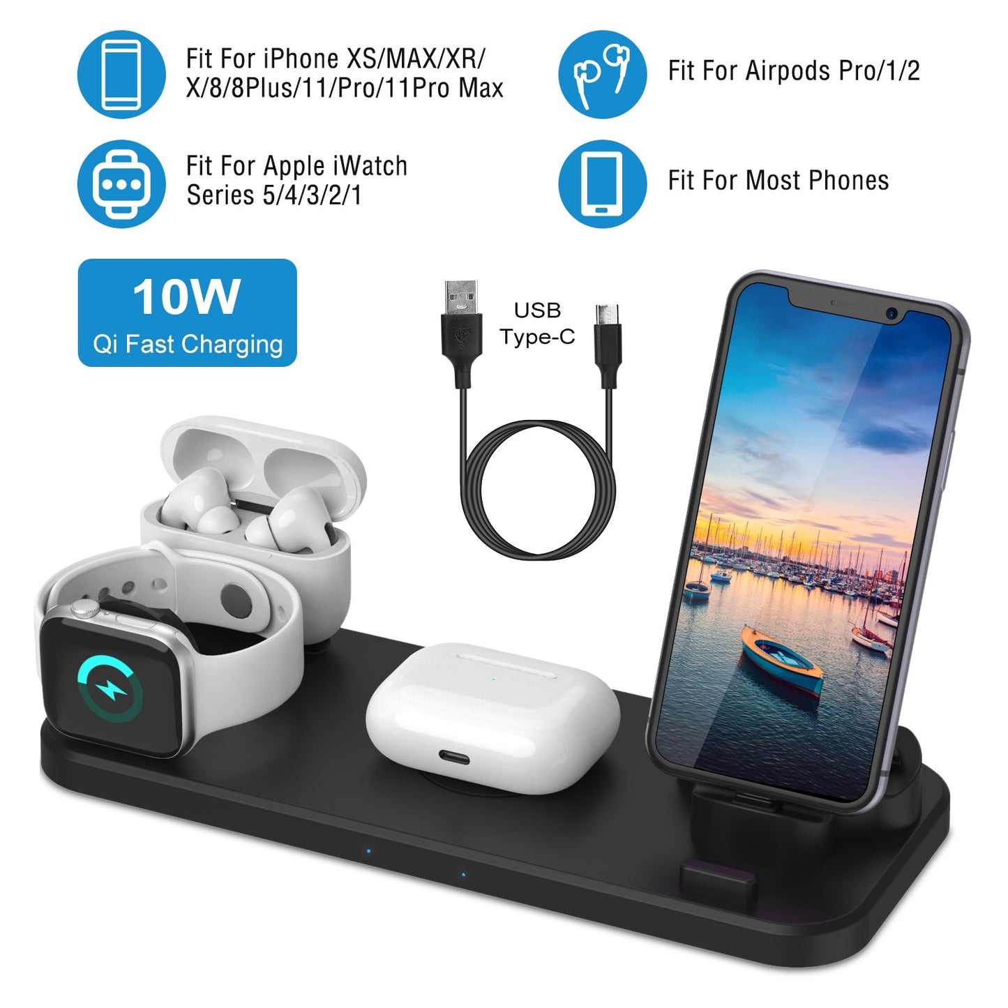 LJGelectro - 6 In 1 Qi Wireless Charger 10W Fast Charging Station Fit For iWatch 5/4/3/2/1 Airpods Pro/1/2 IOS phone Xs/MAX/XR/X/8/8Plus/11/Pro/11Pro max Galaxy No