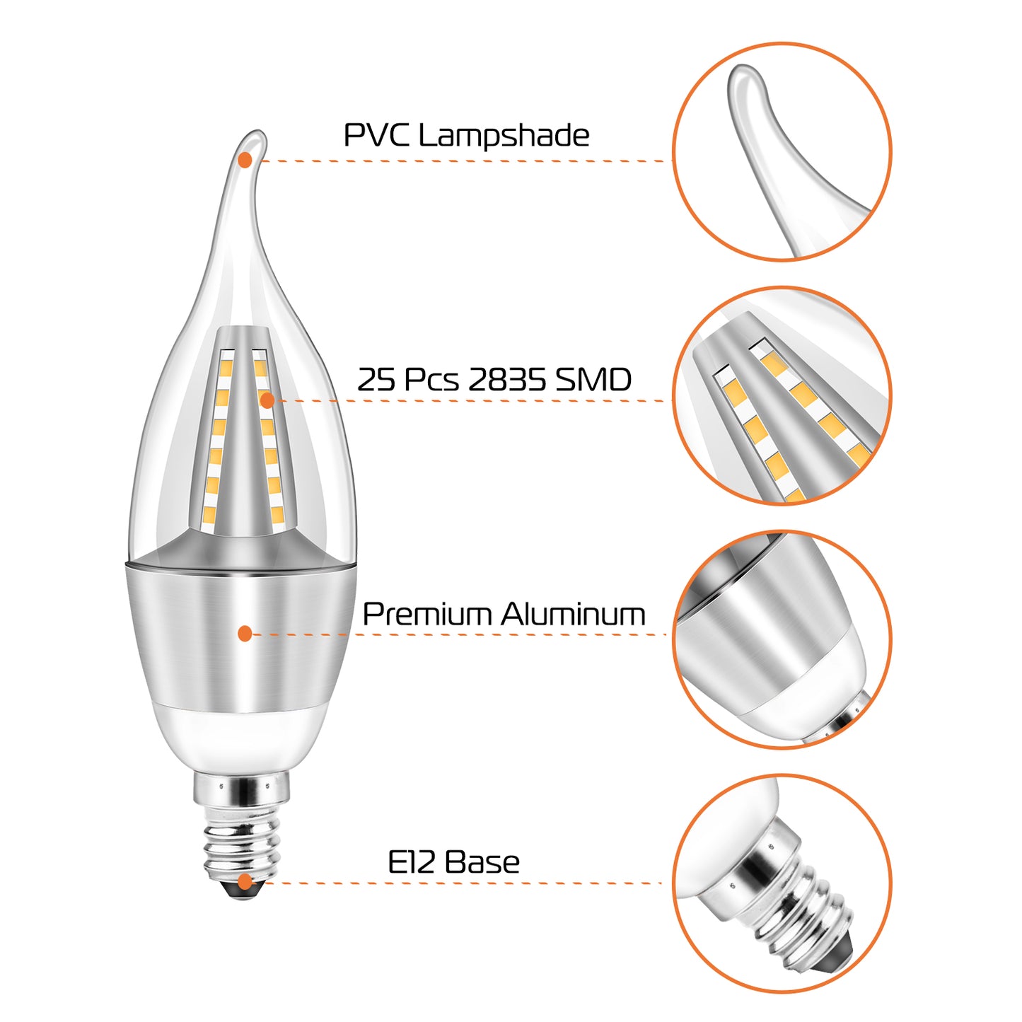 LJGelectro - 4pcs 5W E12 Candelabra Bulbs 600 LM 50W Equivalent Candle Flame Tip Light Bulb 3000K Warm White Non-Dimmable Lamp