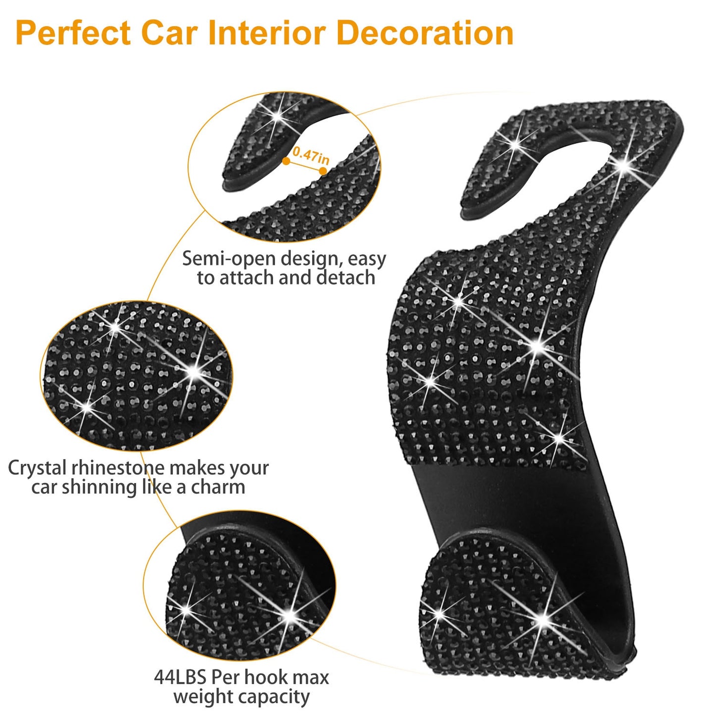 LJGelectro - 4Pcs Car Headrest Hooks Bling Rhinestones Back Seat Organizer Hanger Holder For Bag Purse Cloth Grocery Umbrellas