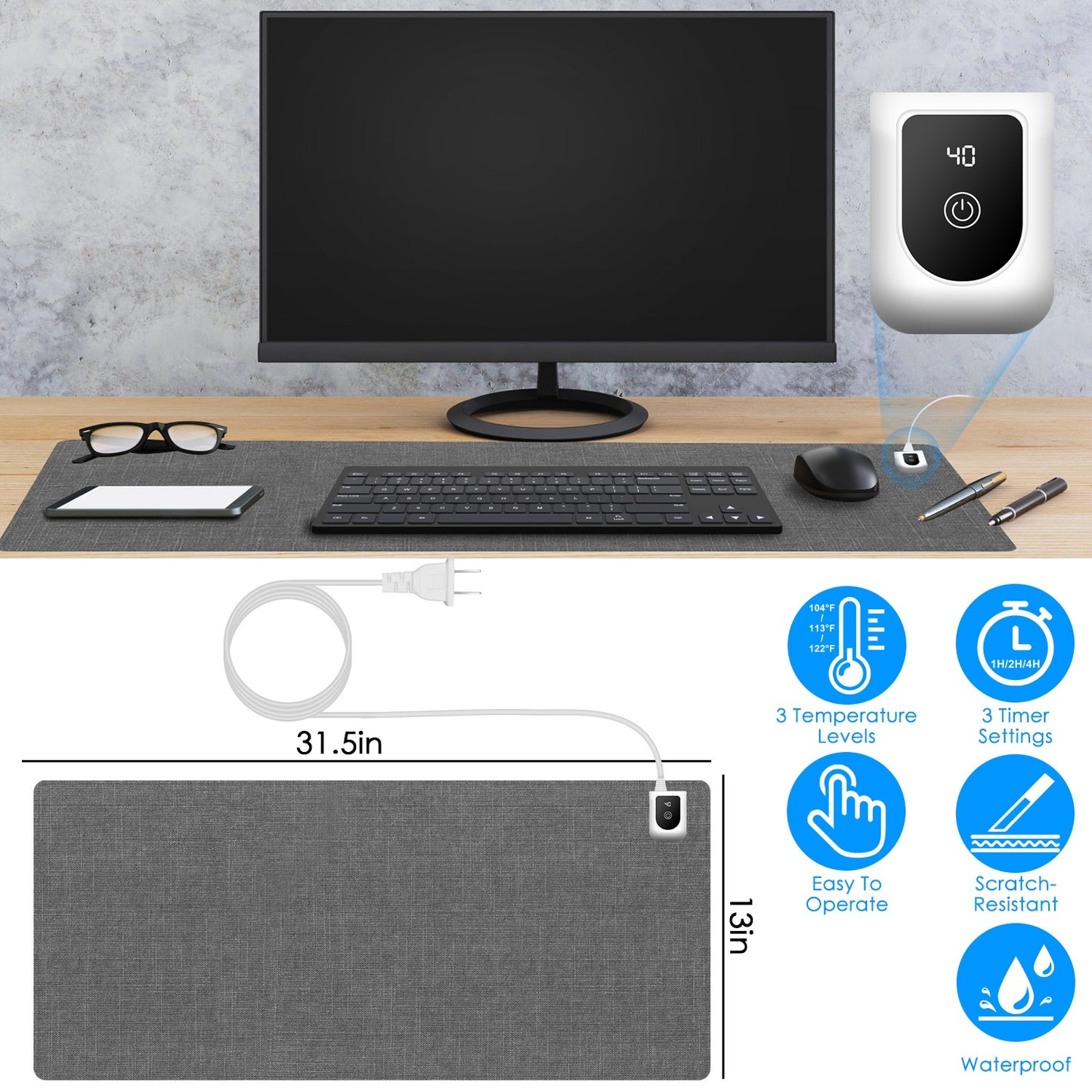 LJGelectro - Warm Desk Pad Waterproof Heated Mouse Pad for Office Heated Desk Mat with 3 Temperature Levels 3 Timer Settings Digital Display 31.5x13in Grey