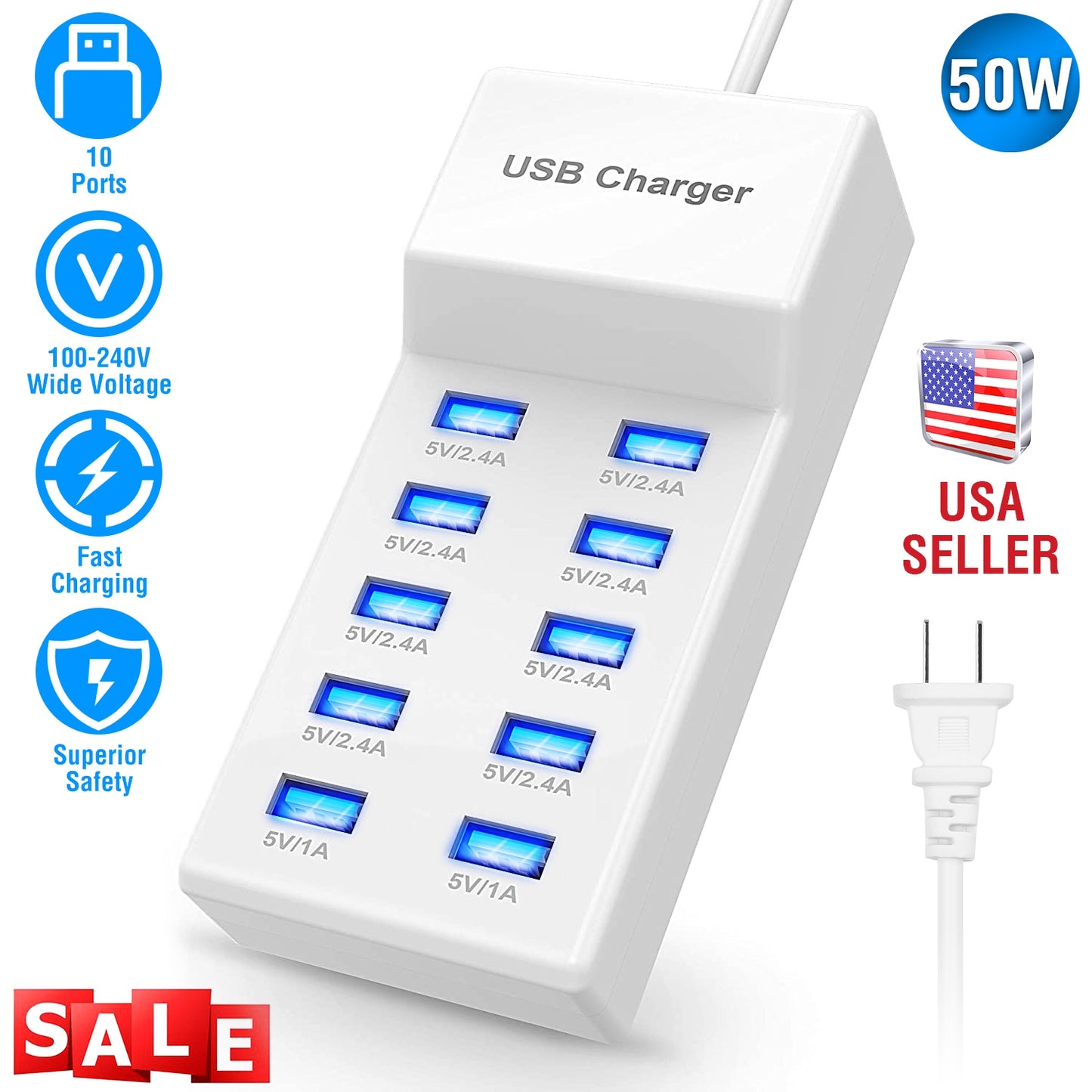 LJGelectro - 10 Ports USB Charging Station Hub 50W USB Wall Charger Fast Charging Power Adapter for Phone Tablet