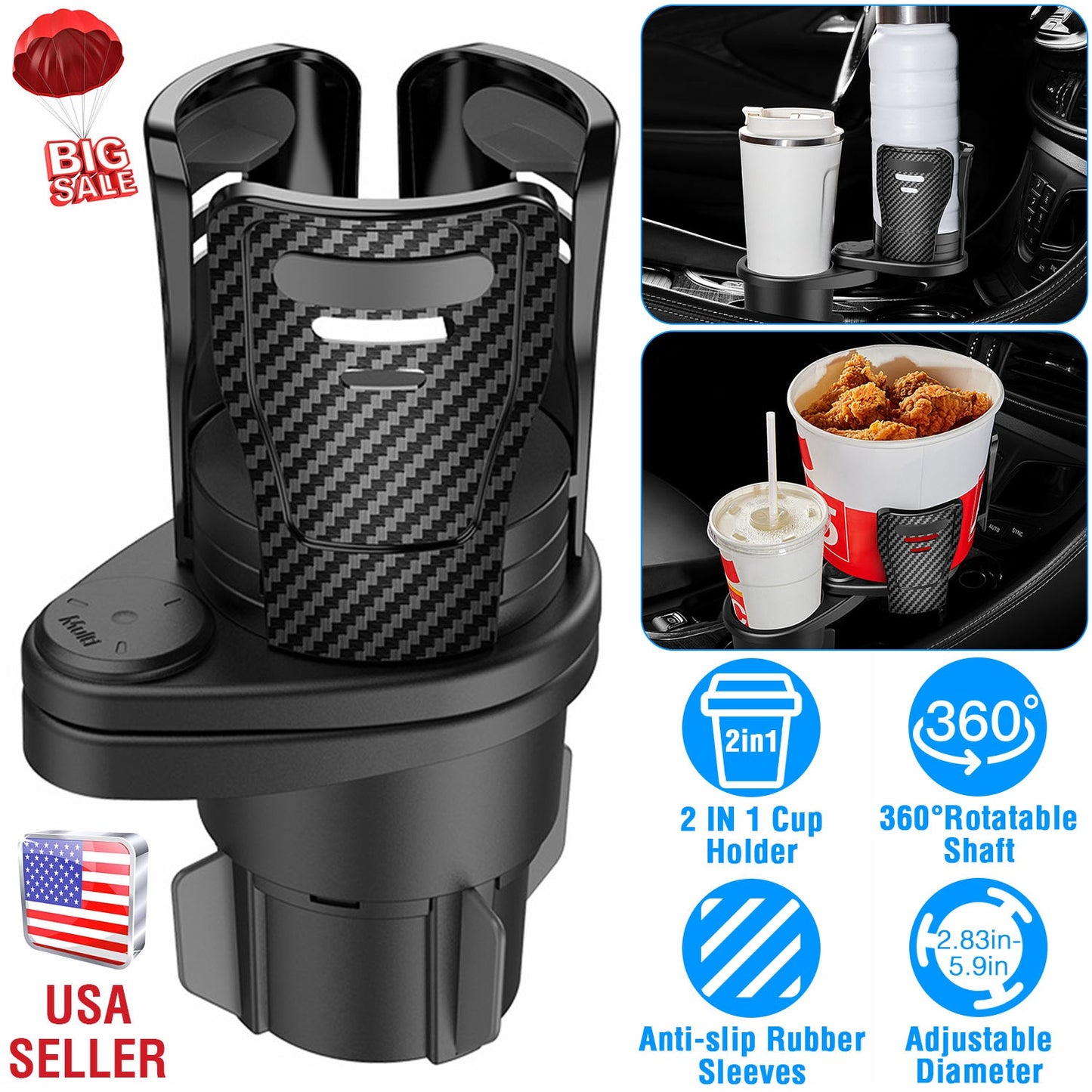 LJGelectro - 2-in-1 Universal Car Cup Mount Holder Expander with Adjustable Base Multifunctional Auto Drink Beverage Cup Holder Adapter Insert Organizer