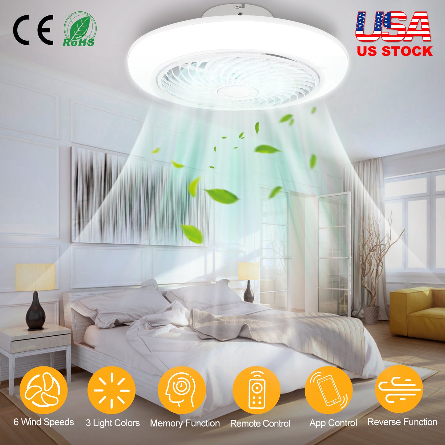 LJGelectro - 17.71in LED Ceiling Fan with Light Round Pendant Fan Lamp Low Profile Fan Light with 6 Fan Speed 3 Colors Remote Control APP Control Timer Function