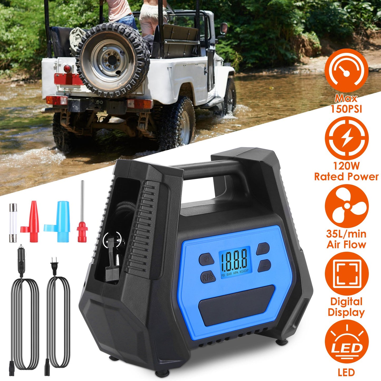 LJGelectro - Portable Tire Inflator 150 PSI 120W Max Power Tire Pump with Digital Display LED Light Inflatable Nozzle Needle Fuse Air Compressor for Bikes Motorbik