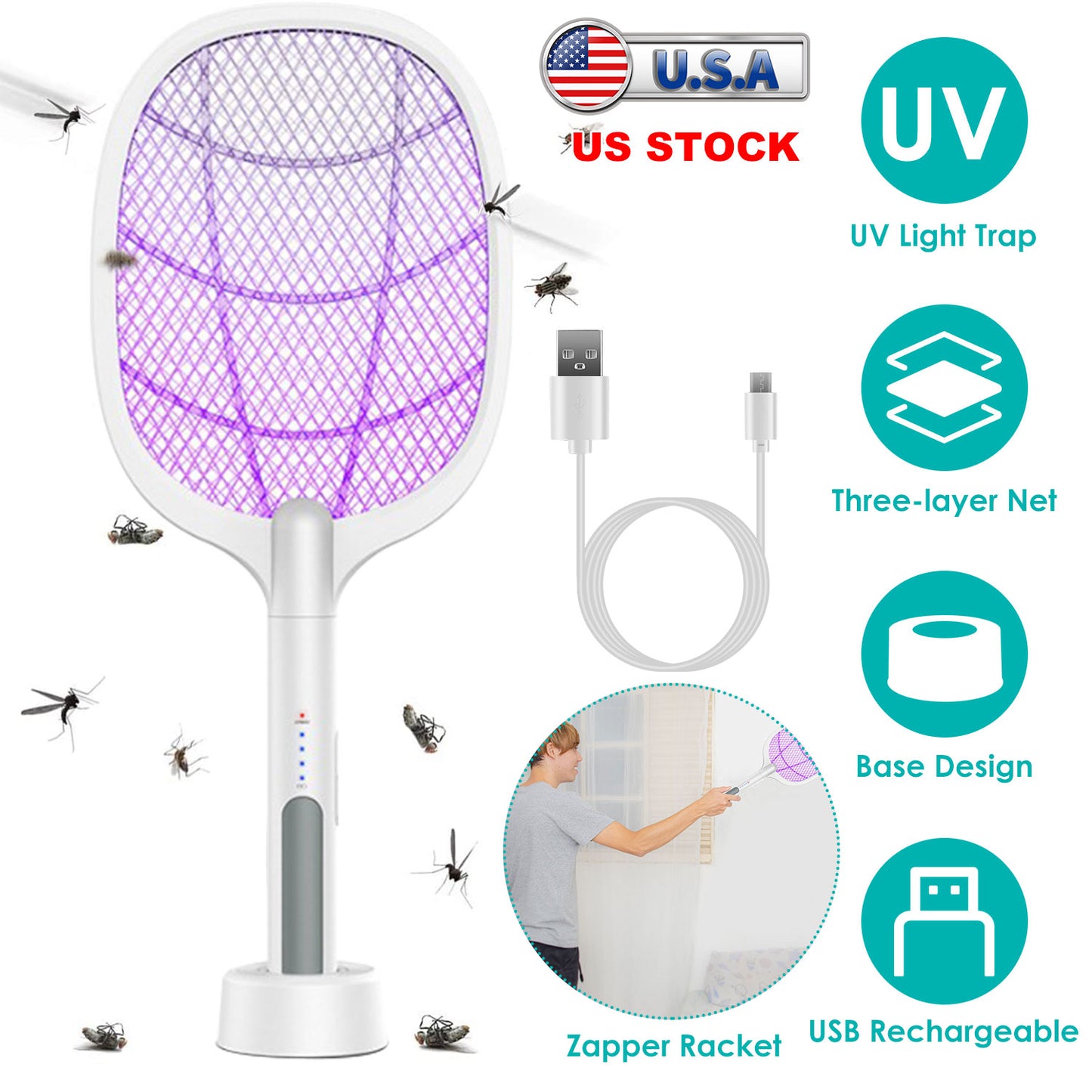 LJGelectro - 2 in 1 Electric Rechargeable Bug Zapper Mosquito Insect Killer Fly Swatter Mosquito Zapper Racket Mosquito Trap Catcher