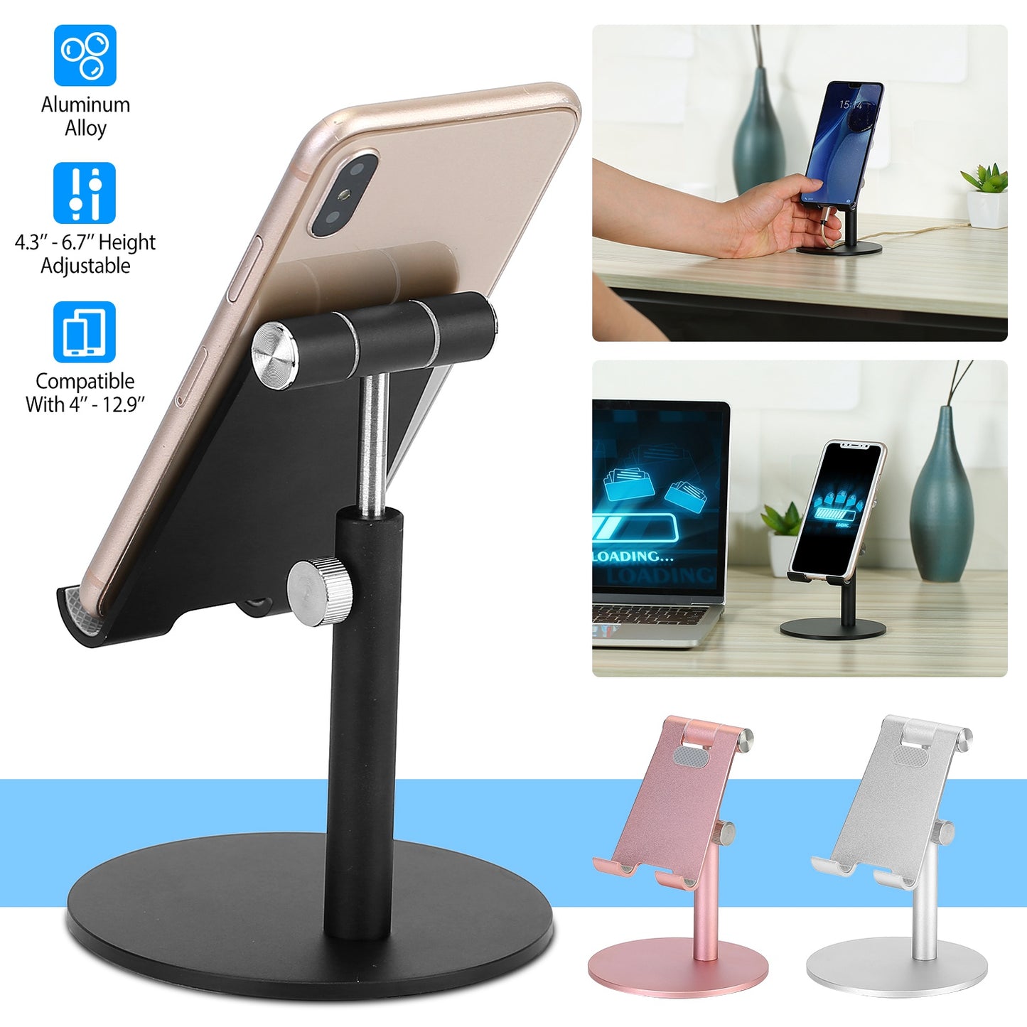 LJGelectro - Cell Phone Stand Universal Tablets Phones Stand Holder Height Angle Adjustable Desktop Phone Stand No-Slip Aluminum Alloy Thick Case Friendly Phone Ho