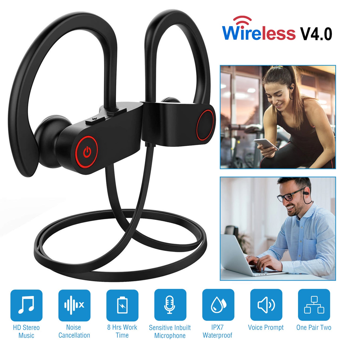 LJGelectro - Wireless Headset IPX7 Waterproof Sport Headphones In-Ear Wireless4.1 Stereo Earphone Noise Canceling Neck Earbuds w/Mic 8 Hrs Work Time for Running Hi