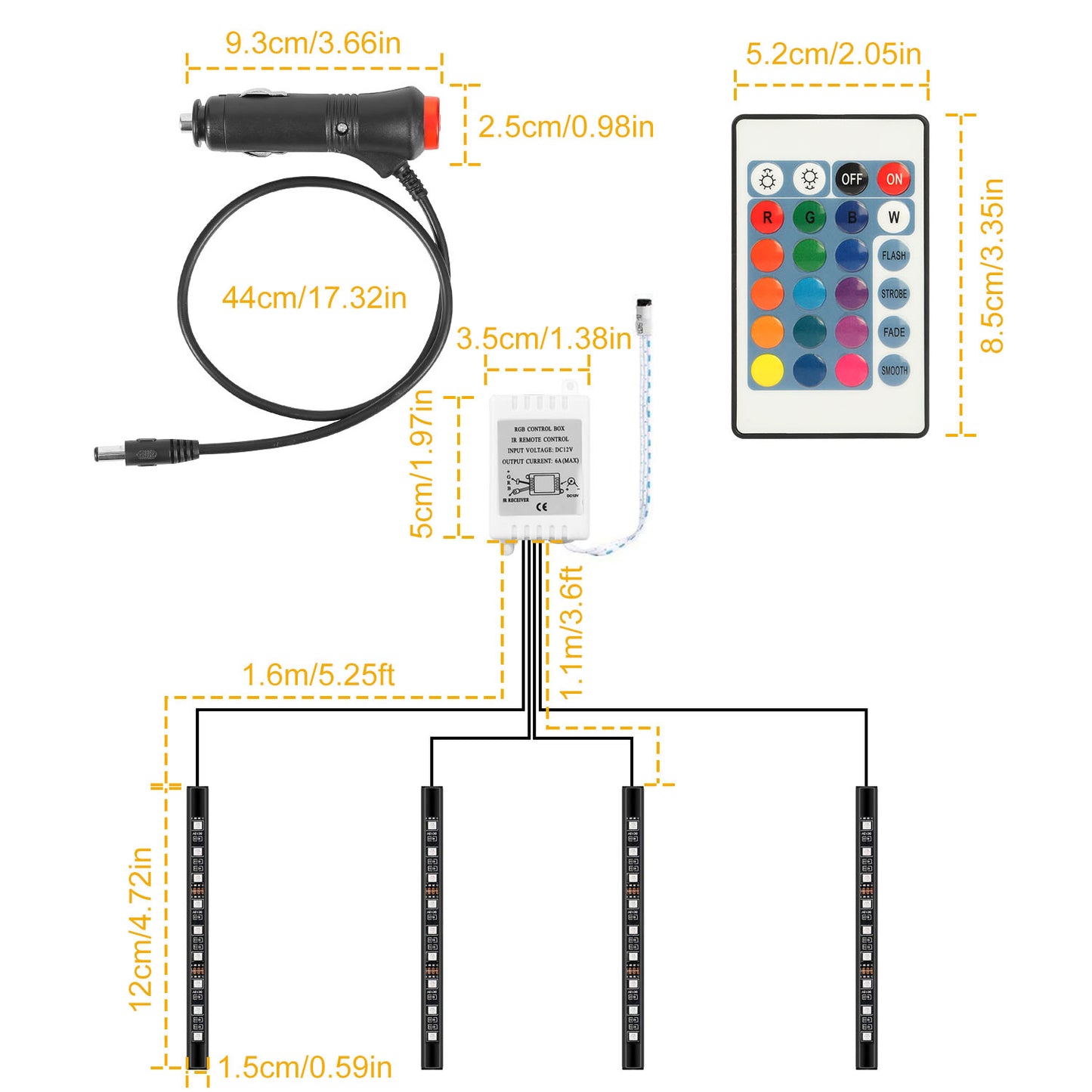 LJGelectro - 4PCS 36LEDs 12V Car Atmosphere Light Strip IP65 Colorful RGB LED Neon Lights IR Remote