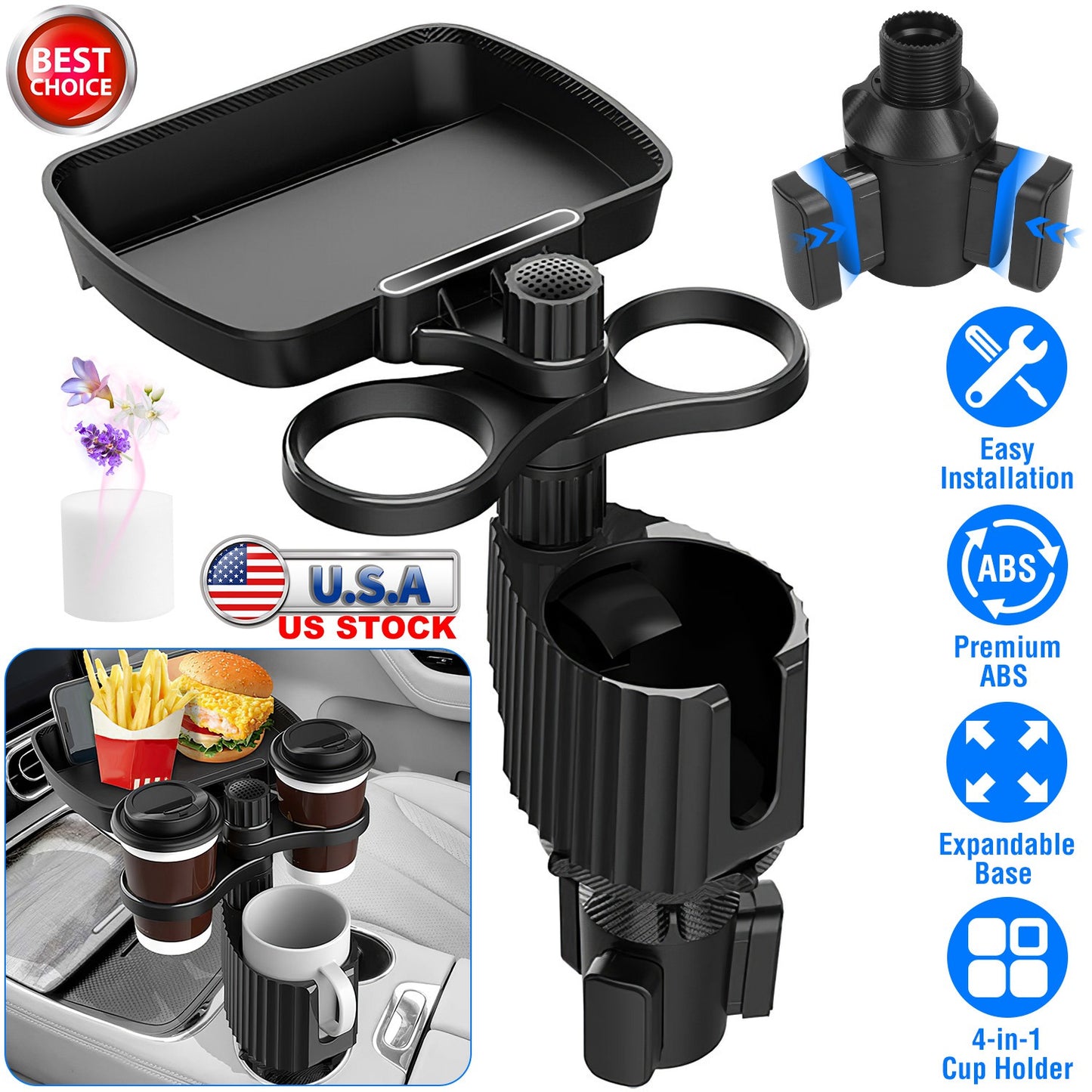 LJGelectro - 4-in-1 Car Cup Holder Tray Food Table Phone Hold Car Expander Detachable 360 Degree Rotatable Expandable Base Car Desk