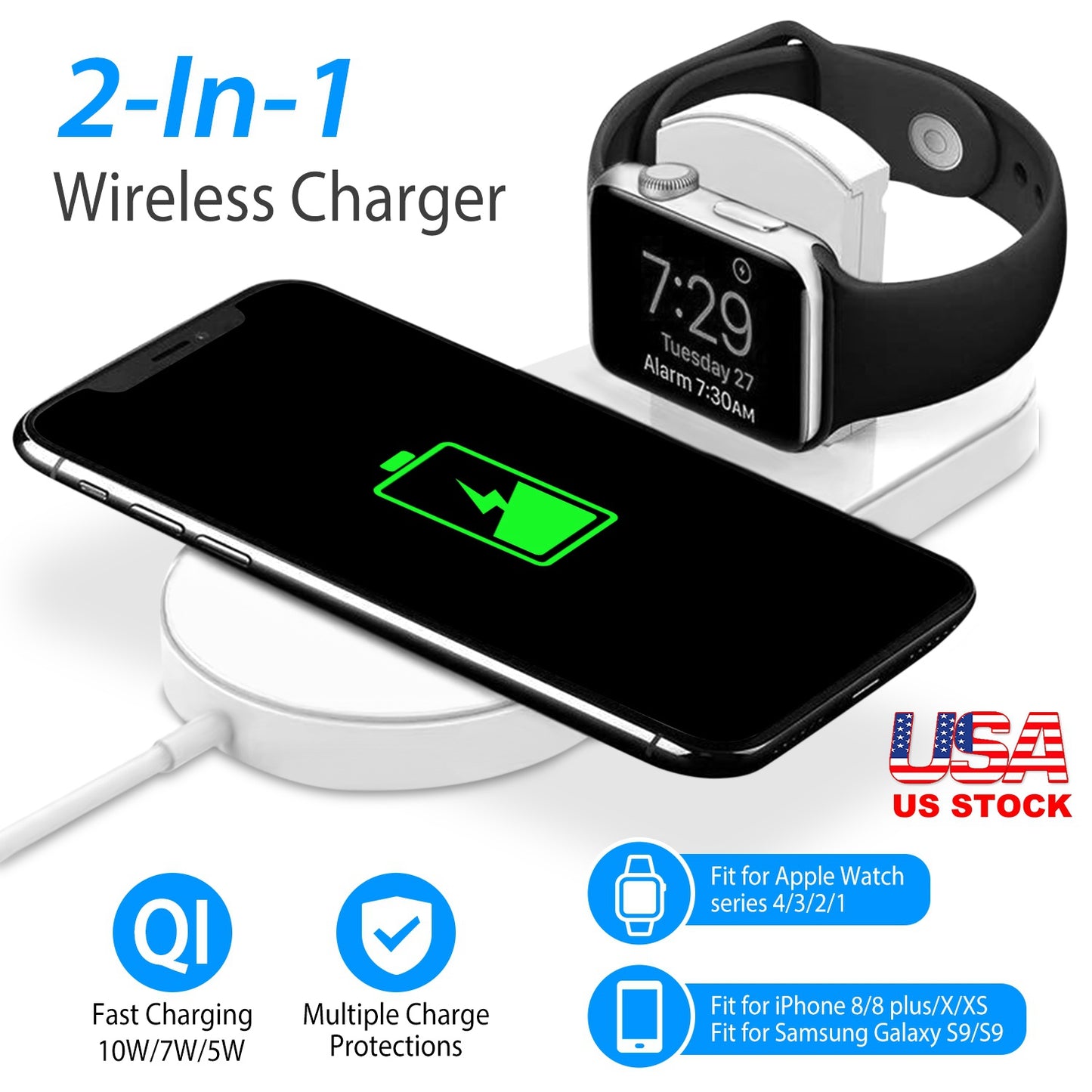 LJGelectro - 10W Qi Wireless Charger Watch Charger 2-in-1 Wirless Charging Pad for Apple Watch 4/3/2/1/ iPhone X/XS/8