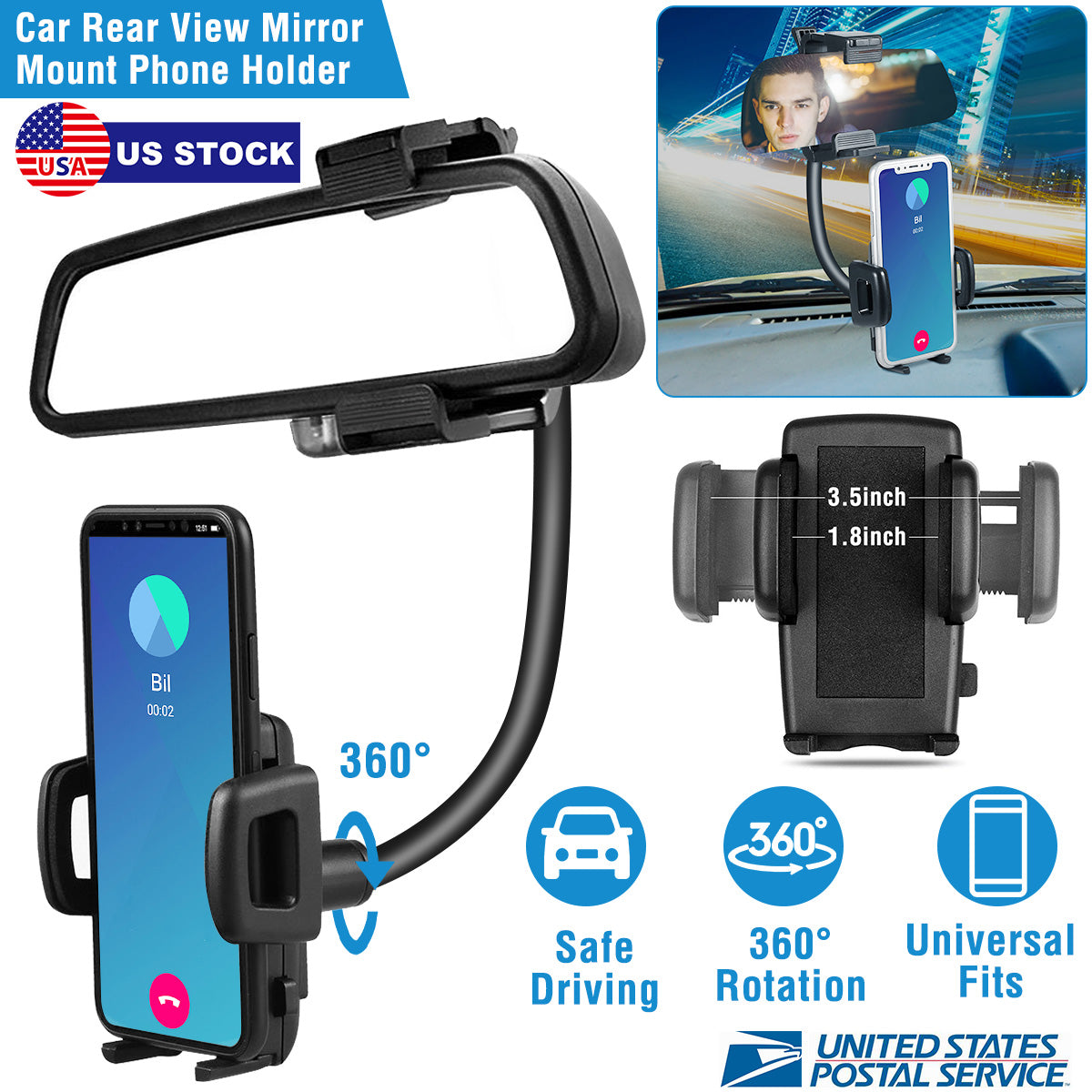 LJGelectro - Rear View Mirror Car Mount Holder Universal 360° Rotation Phone Stand Cradle For iPhone Samsung GPS