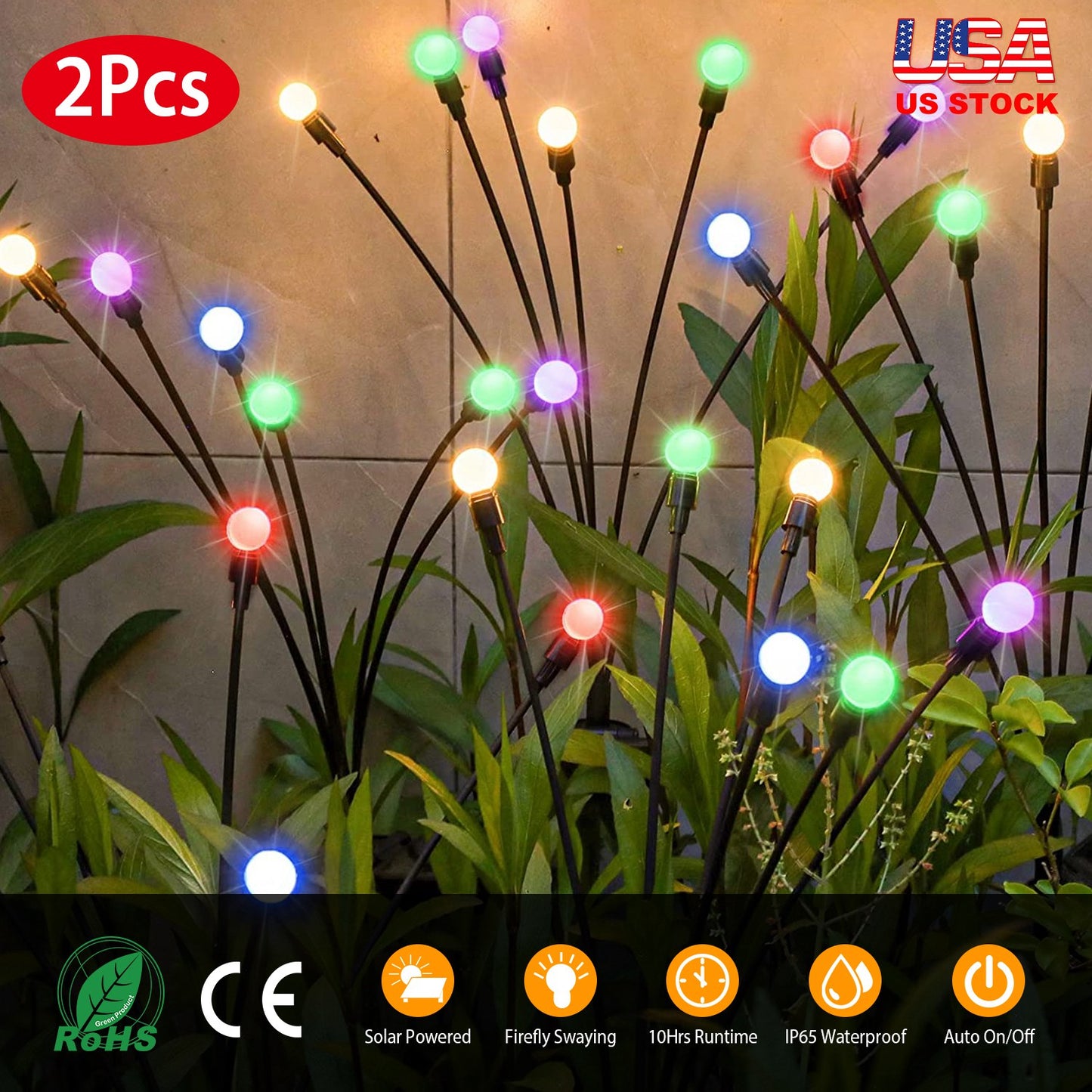 LJGelectro - 2Pcs Solar Firefly Lights Swaying Decorative Pathway Lamp IP65 Waterproof Landscape Patio Yard Night Light