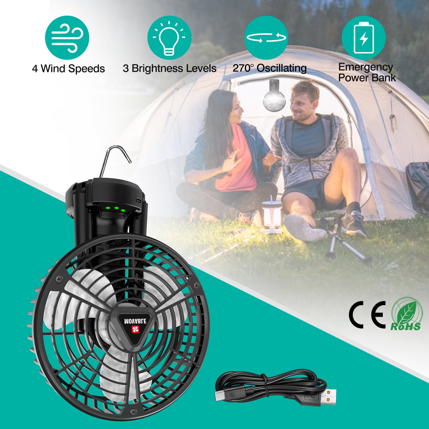 LJGelectro - Foldable Camping Fan with Emergency Power Bank 270° Oscillating Rechargeable Tripod Fan for Hiking Fishing Personal Desk Fan with 4 Speeds 3 Brightnes